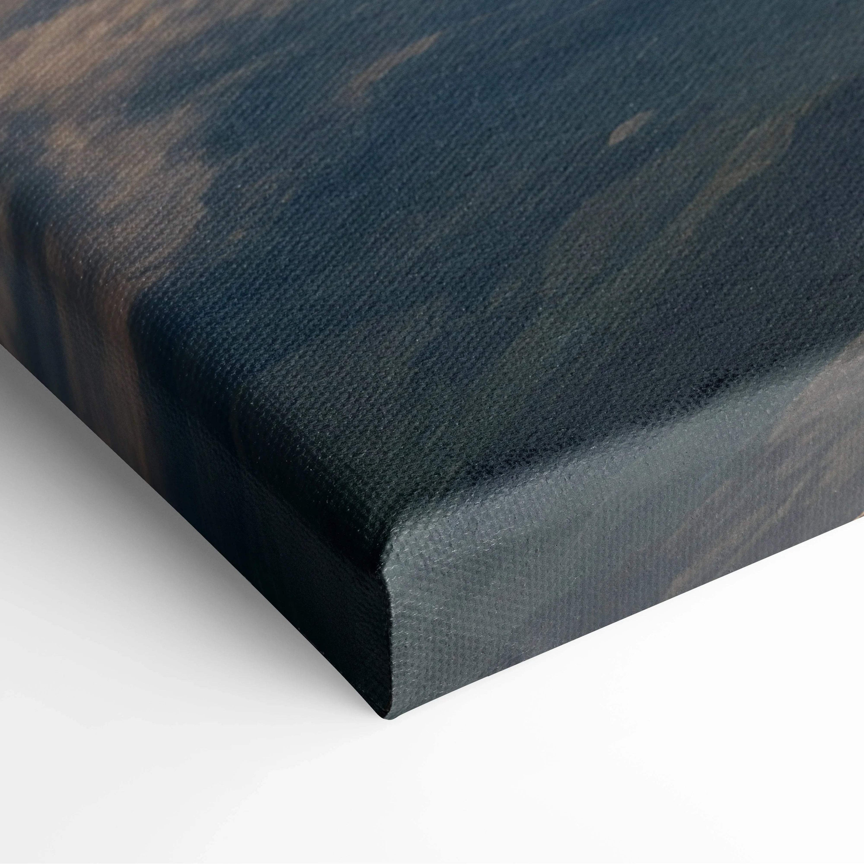 Dark blue textured canvas print of serene lakeside dock with autumn mountains