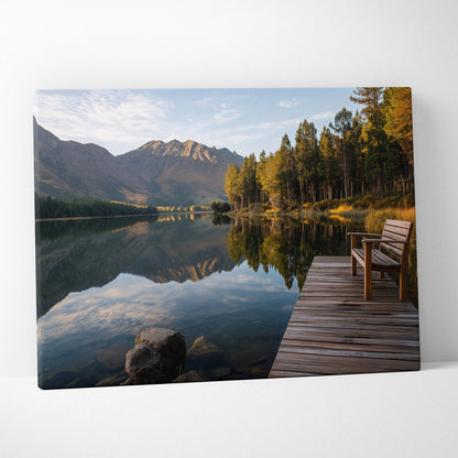 Serene lakeside dock by glassy lake with autumn mountains canvas art