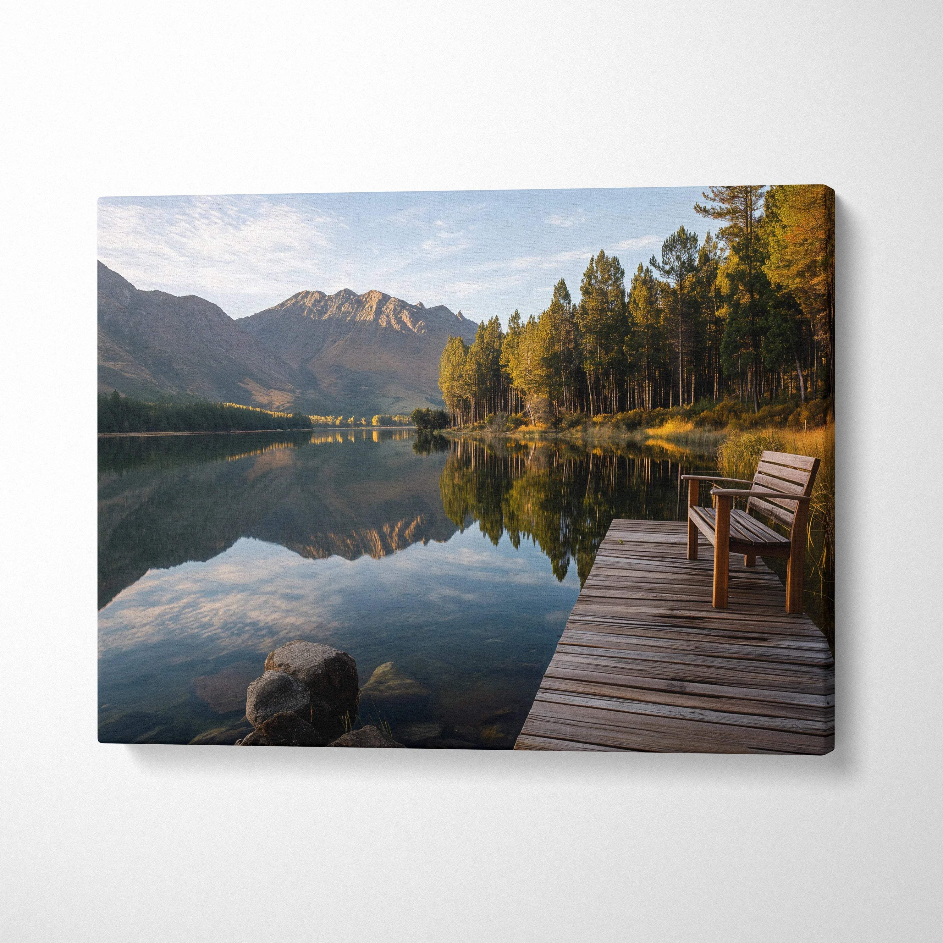 Serene lakeside dock bench by glassy lake with autumn mountains canvas art