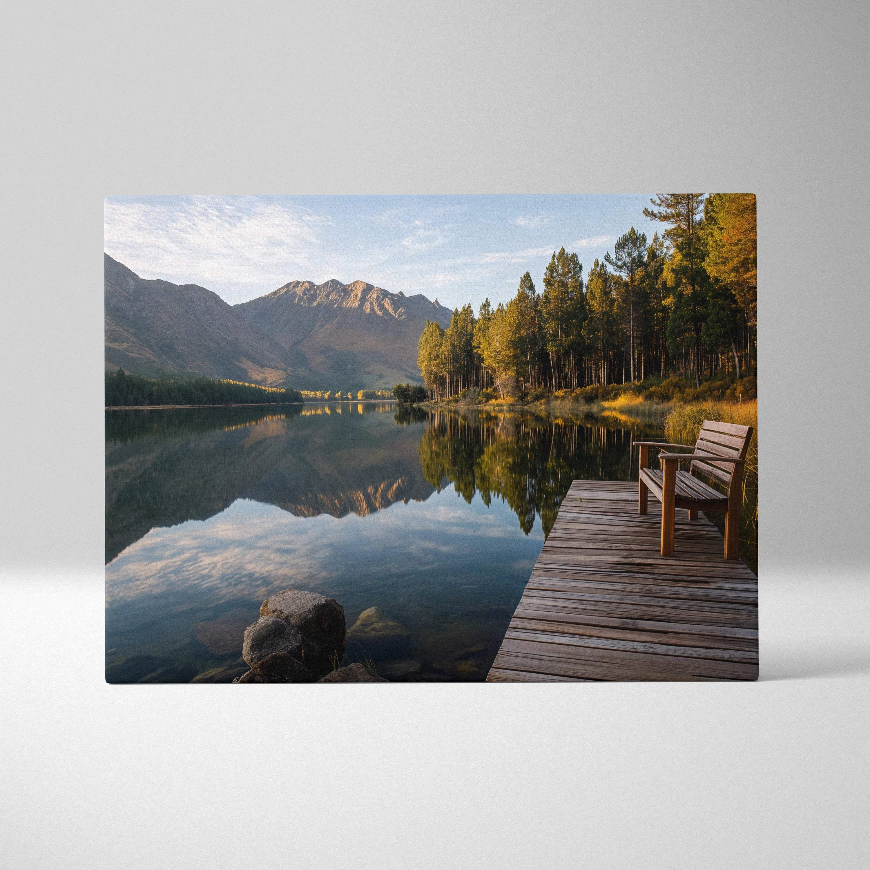 Serene lakeside dock with wooden bench by glassy lake, autumn mountains, forests