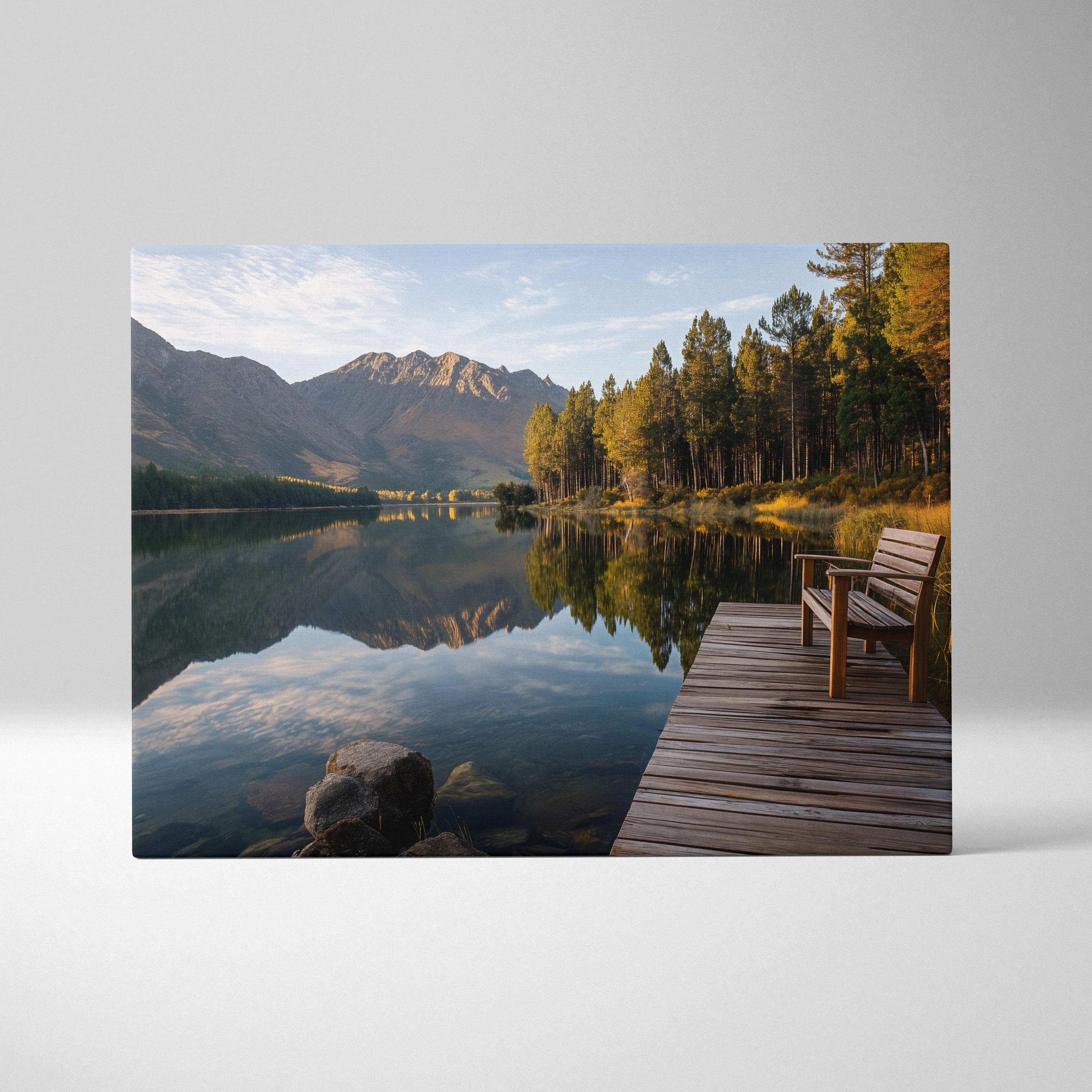 Serene lakeside dock with wooden bench by glassy lake, autumn mountains, forests