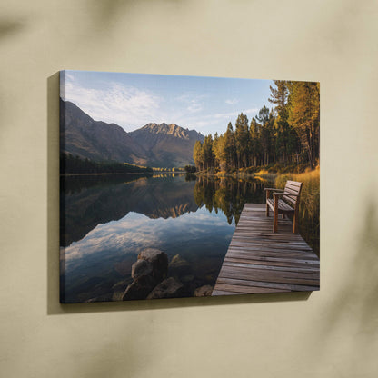 Serene lakeside dock by glassy lake with autumn mountains canvas print
