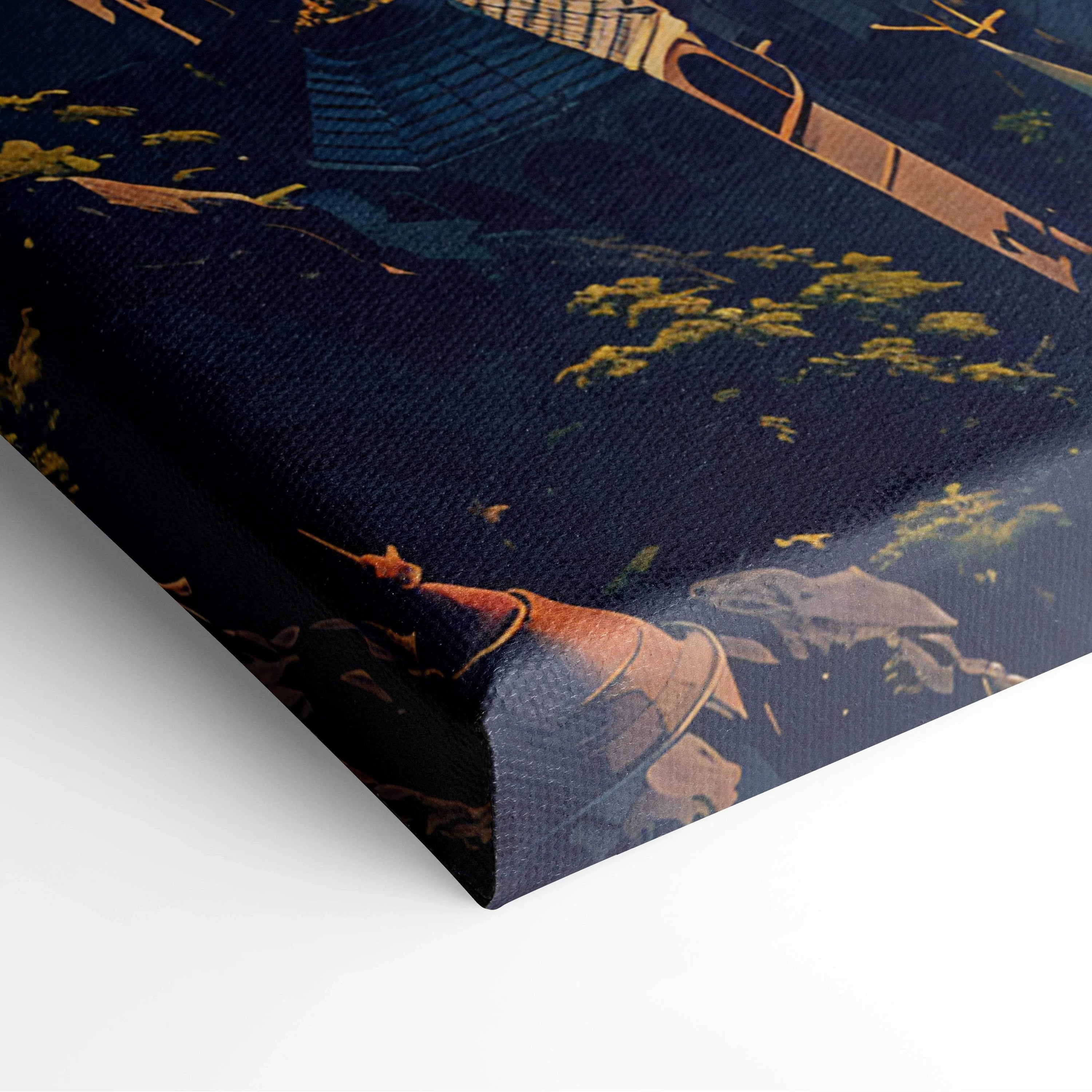 Dark blue canvas print of golden Fantasy Cityscape with spires, peaks, trees