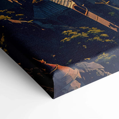 Dark blue canvas print of golden Fantasy Cityscape with spires, peaks, trees