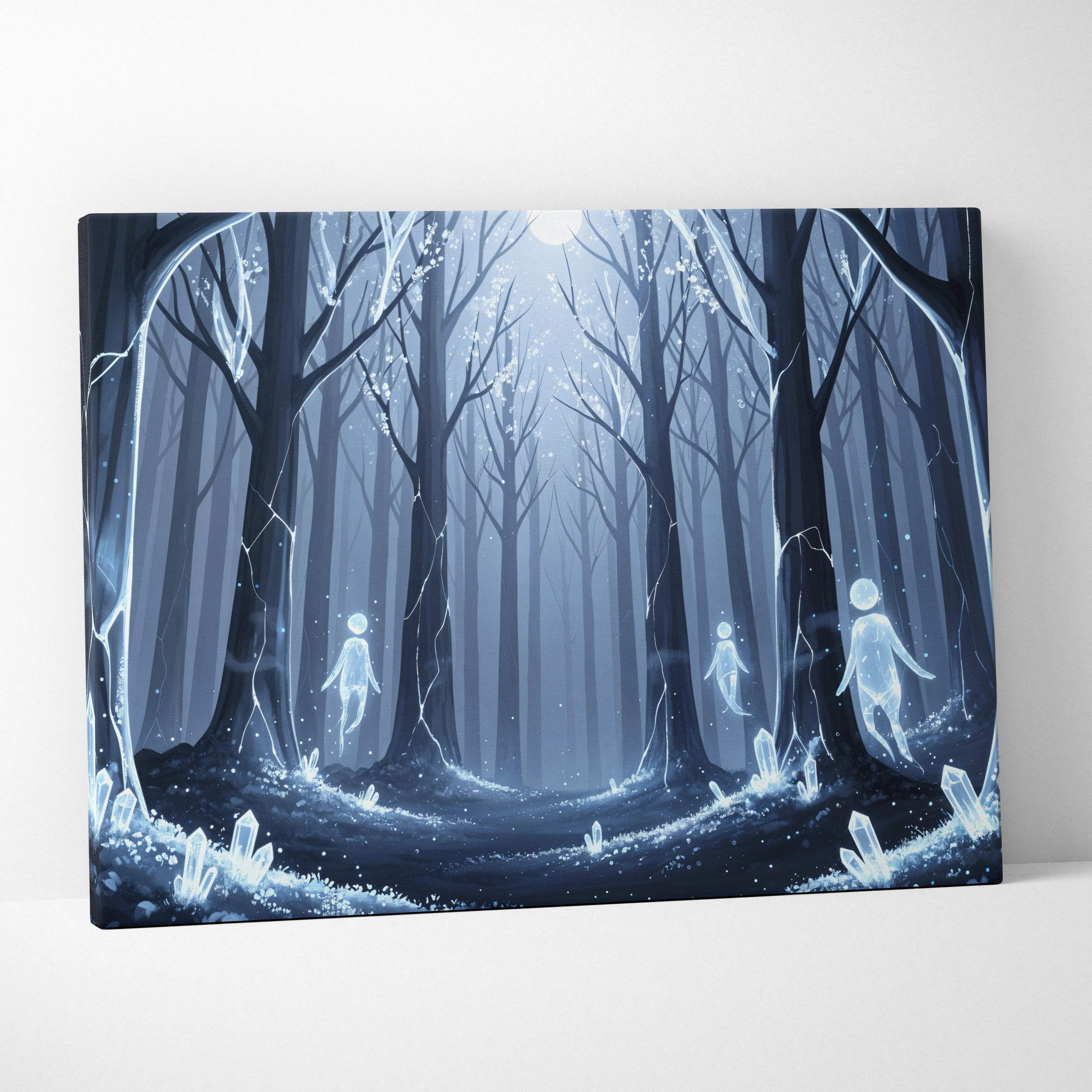Dreamlike blue forest spirits canvas wall art with glowing crystals and moonlit path