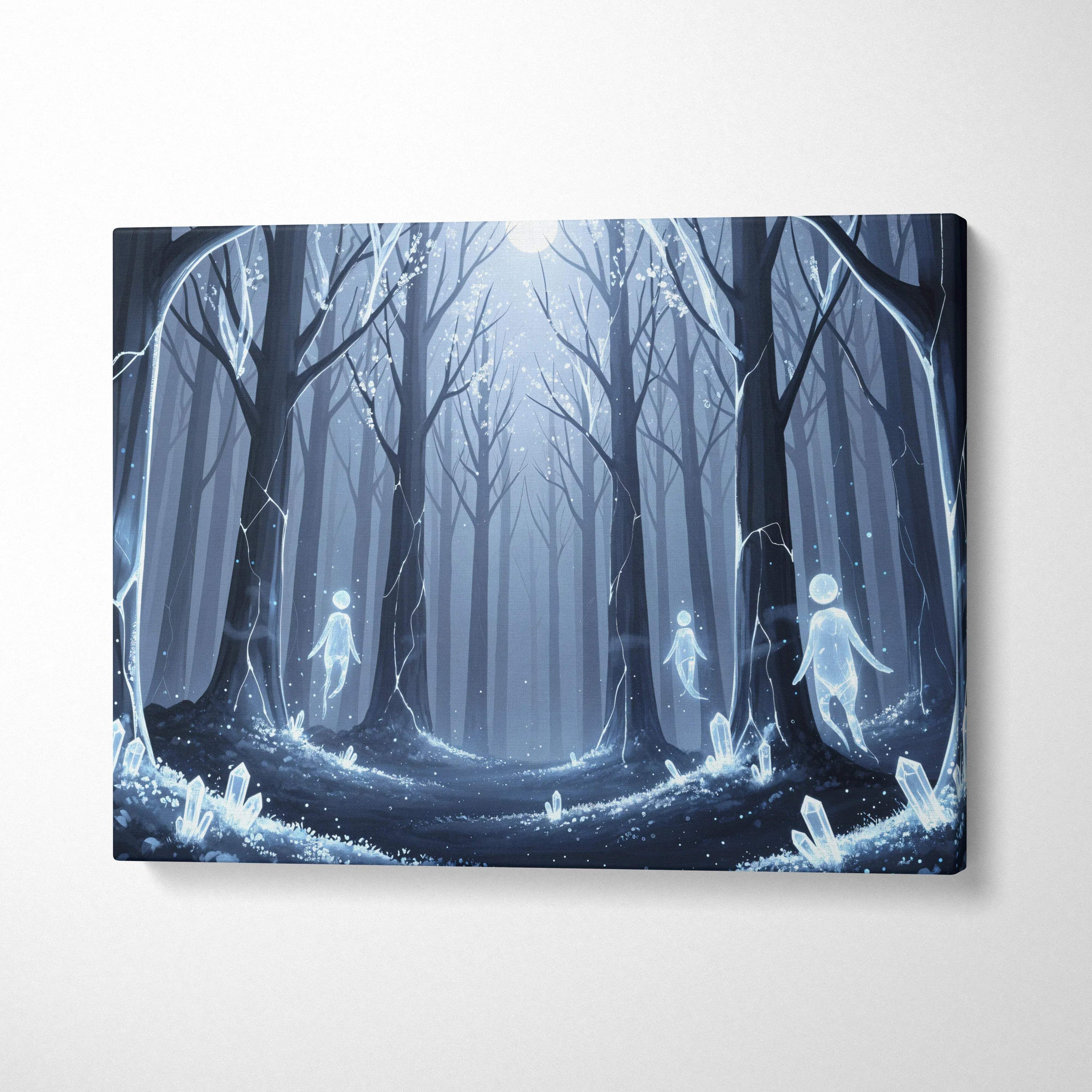 Dreamlike blue forest spirits canvas wall art with glowing crystals and moonlit path