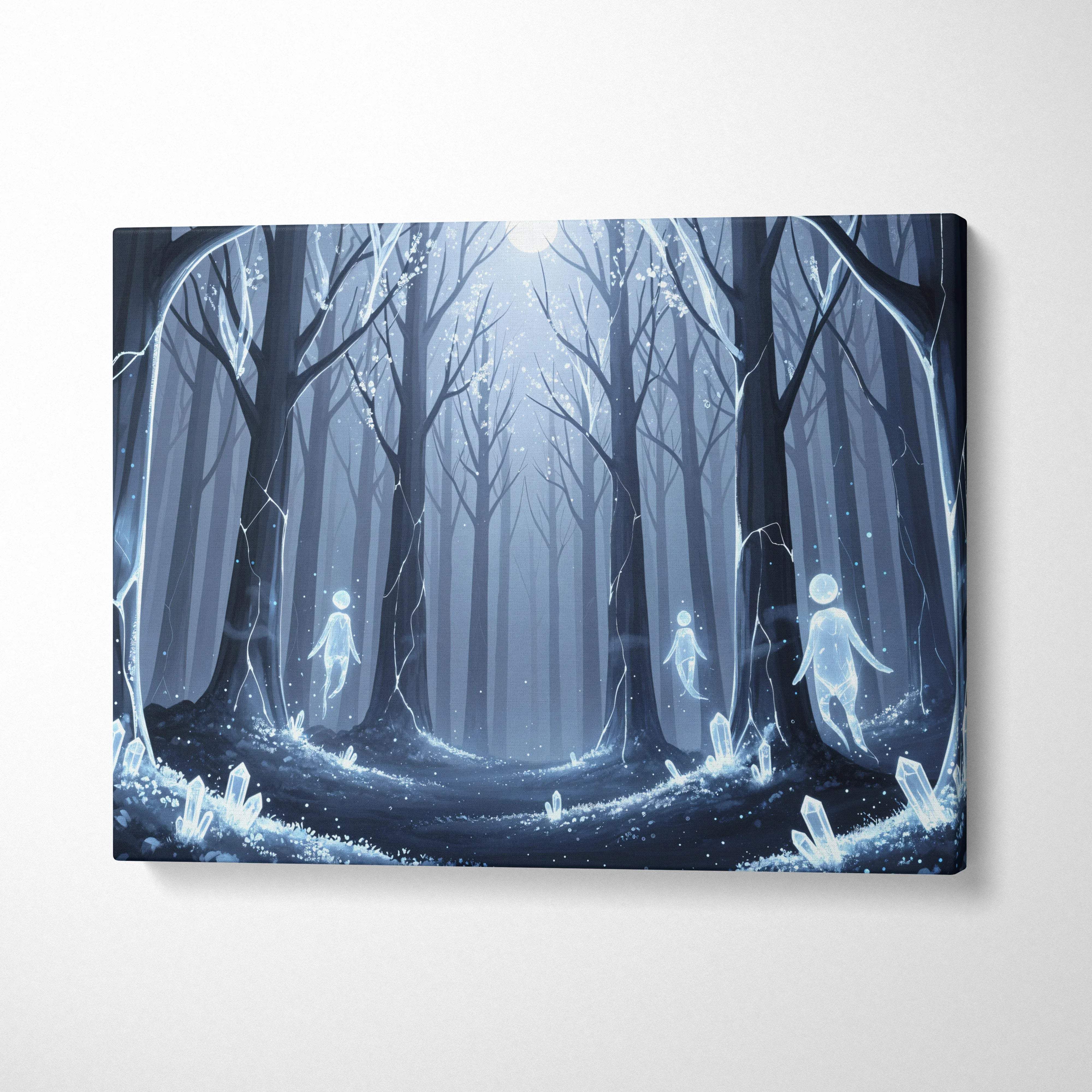 Dreamlike blue forest spirits canvas wall art with glowing crystals and moonlit path