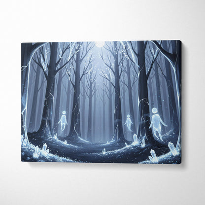 Dreamlike blue forest spirits canvas wall art with glowing crystals and moonlit path