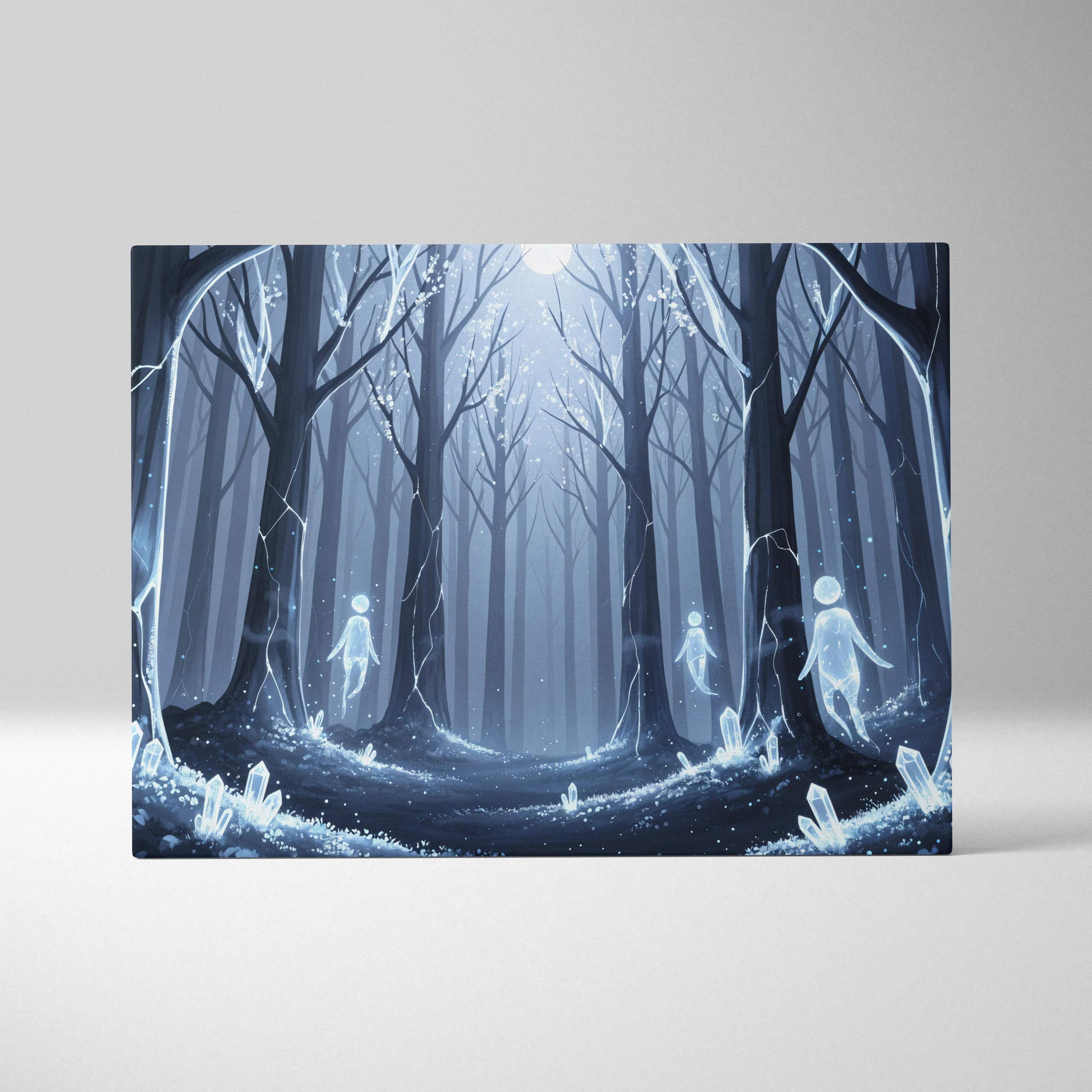 Dreamlike blue forest spirits canvas wall art with glowing crystals and moonlit path