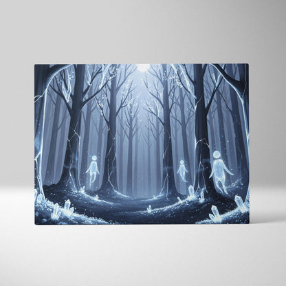 Dreamlike blue forest spirits canvas wall art with glowing crystals and moonlit path