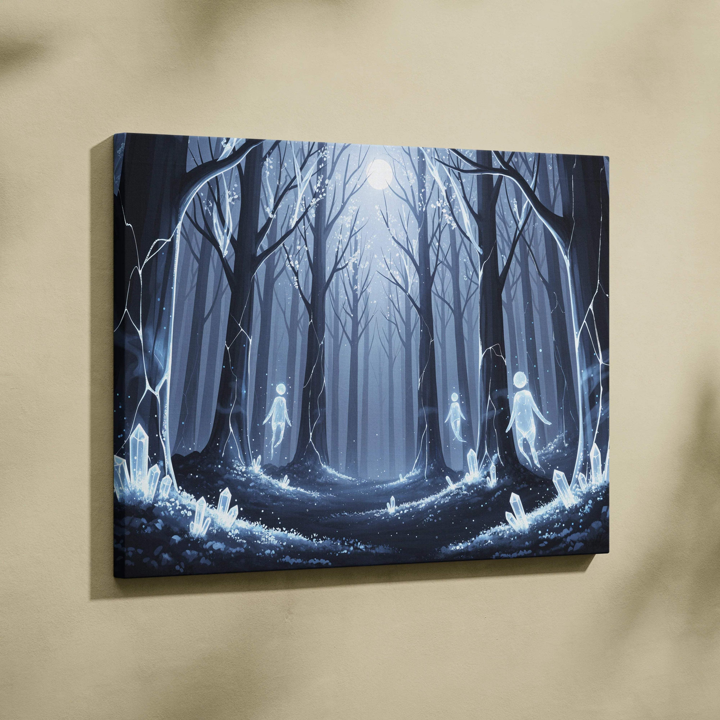 Dreamlike blue forest spirits canvas art with glowing crystals and moonlit path