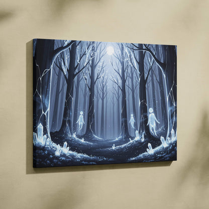 Dreamlike blue forest spirits canvas art with glowing crystals and moonlit path
