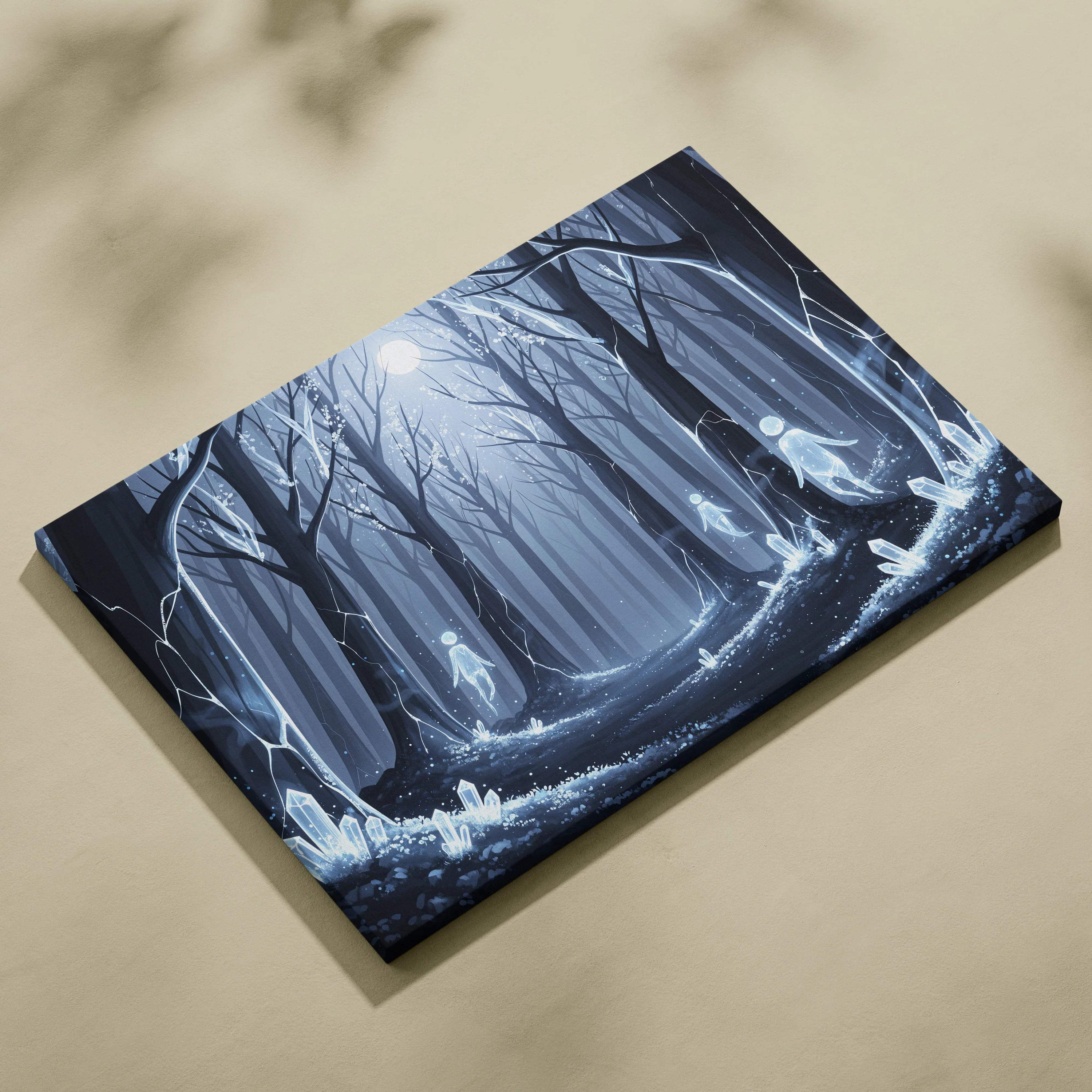 Dreamlike blue forest spirits canvas wall art with glowing crystals and moonlit path