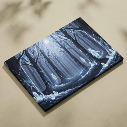 Dreamlike blue forest spirits canvas wall art with glowing crystals and moonlit path