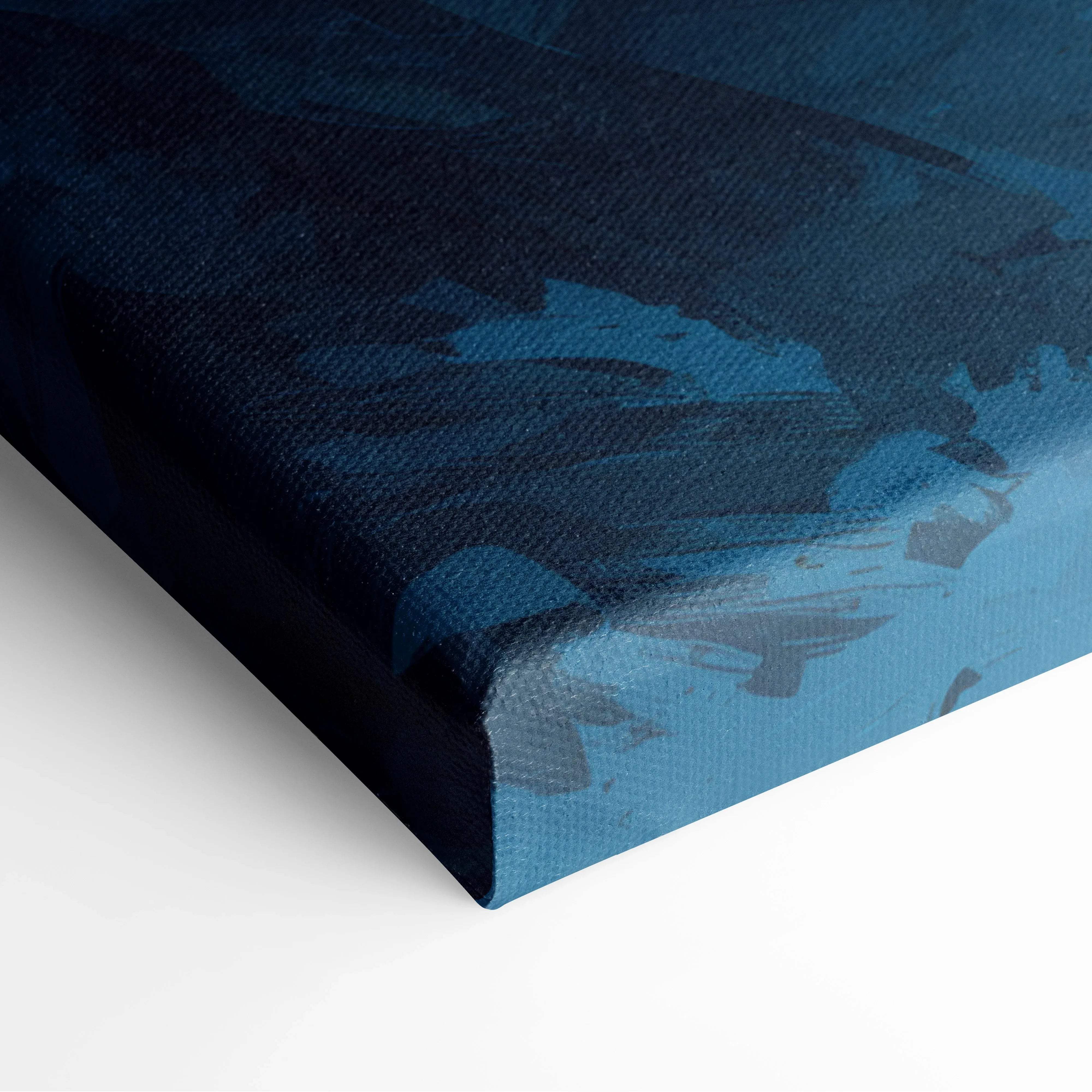 Abstract blue textured canvas of solitary wanderer on snowy summit with balloon