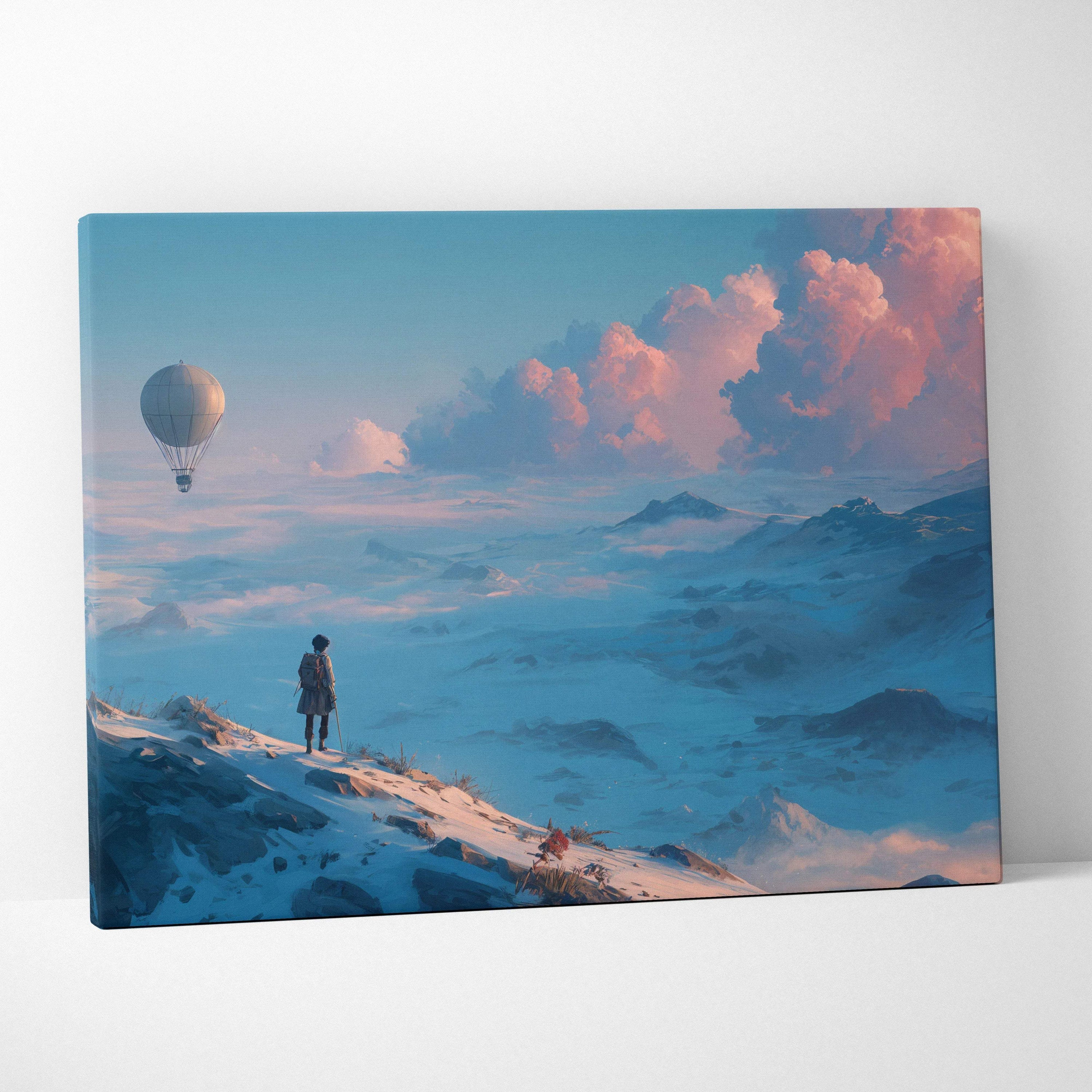 Solitary wanderer on snowy summit with balloon in dreamy pastel sky canvas art