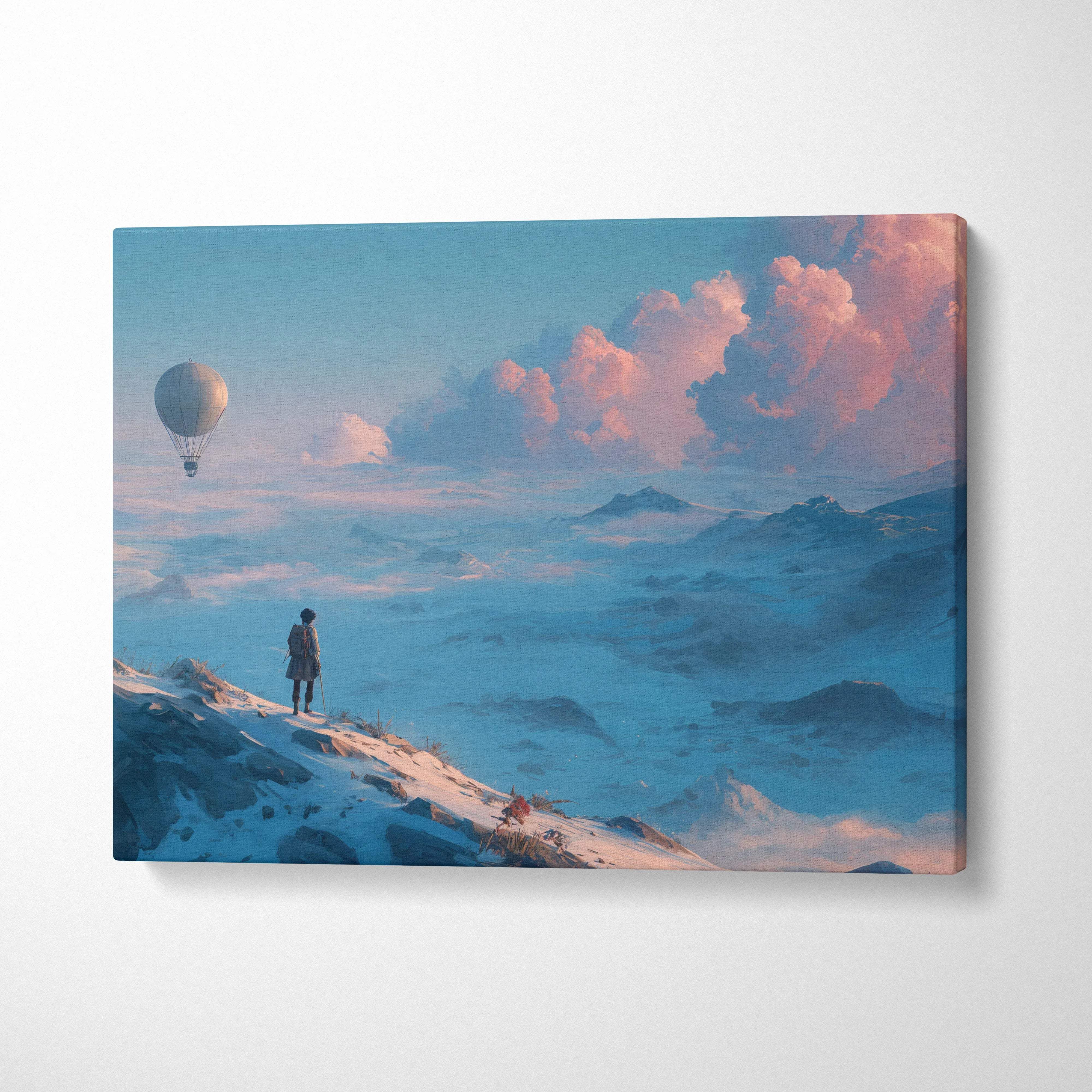 Solitary wanderer on snowy summit with balloon in dreamy pastel sky canvas art