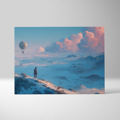 Lone wanderer on snowy summit gazes at balloon in pastel sky canvas art