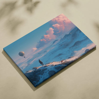 Solitary wanderer on snowy summit with balloon in dreamy pastel sky canvas art