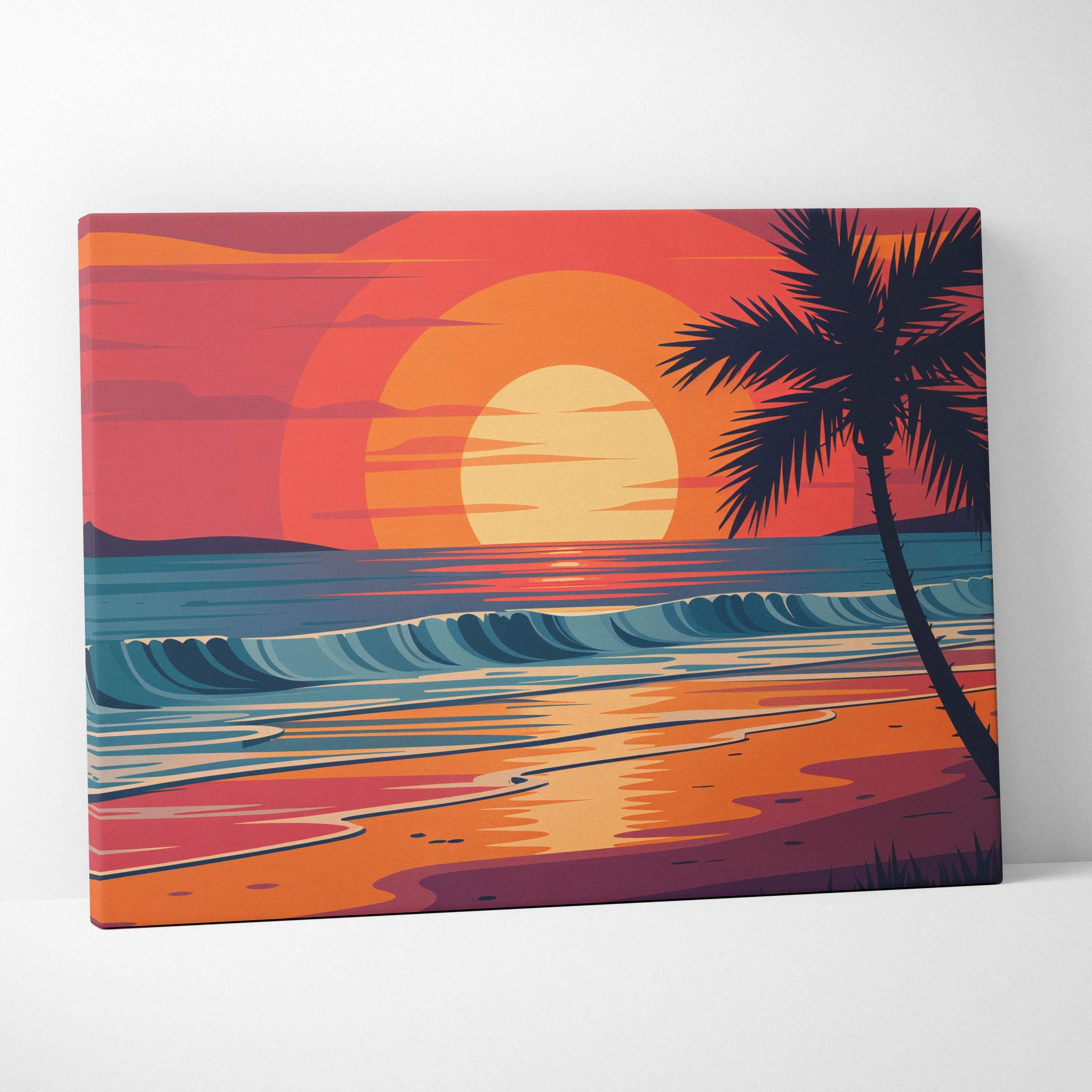 Vibrant retro tropical sunset canvas wall art with silhouetted palm tree