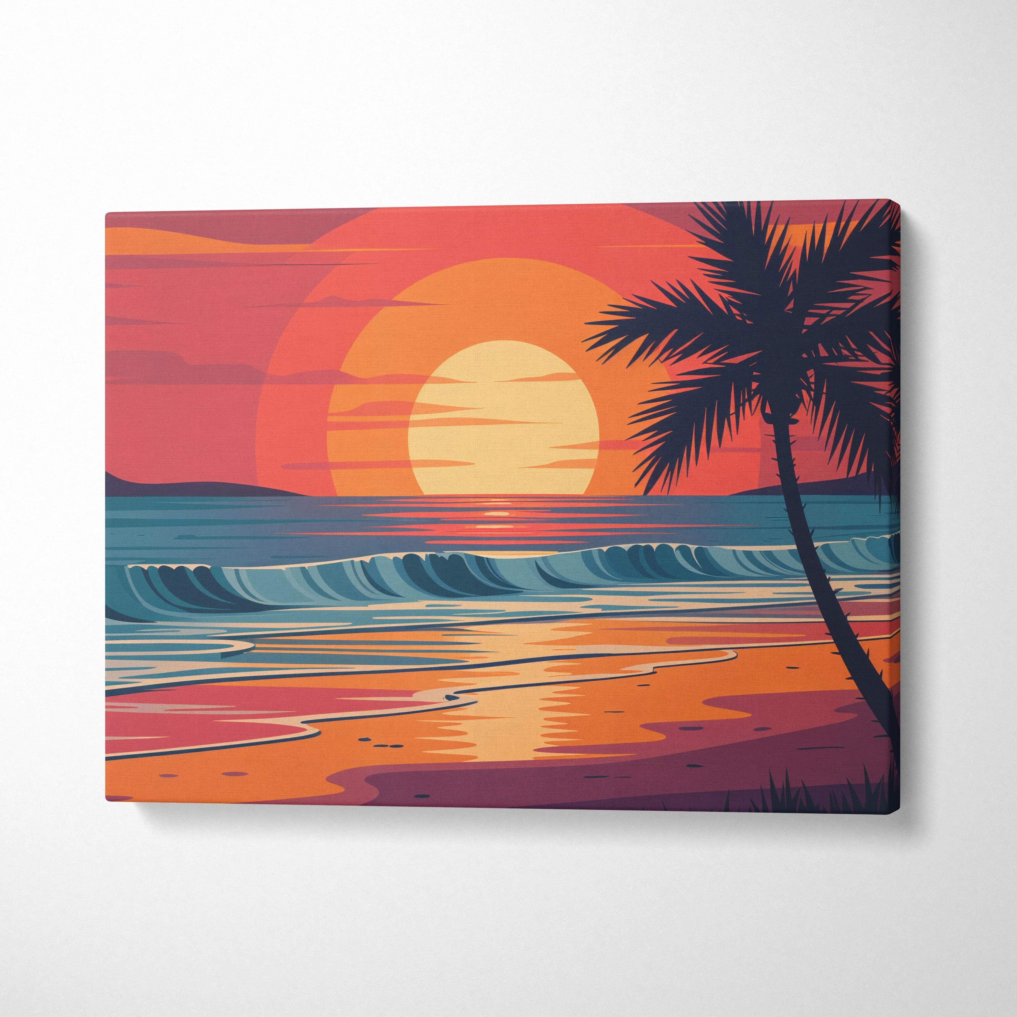 Vibrant retro tropical sunset canvas wall art with silhouetted palm tree