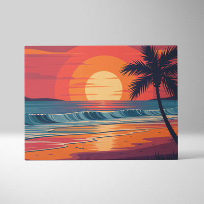 Vibrant retro tropical sunset beach canvas with silhouetted palm tree
