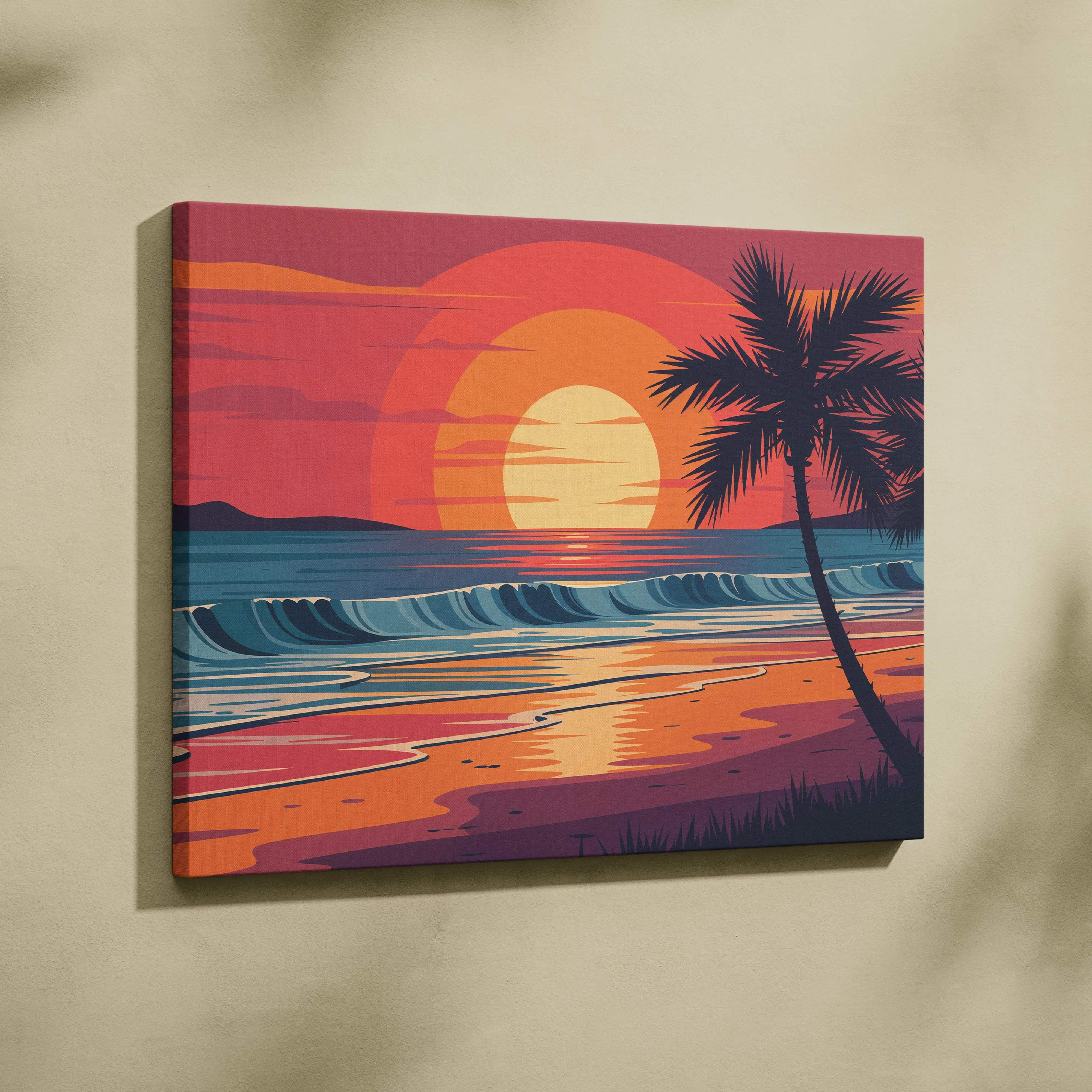 Vibrant retro tropical sunset beach canvas art with palm tree silhouette