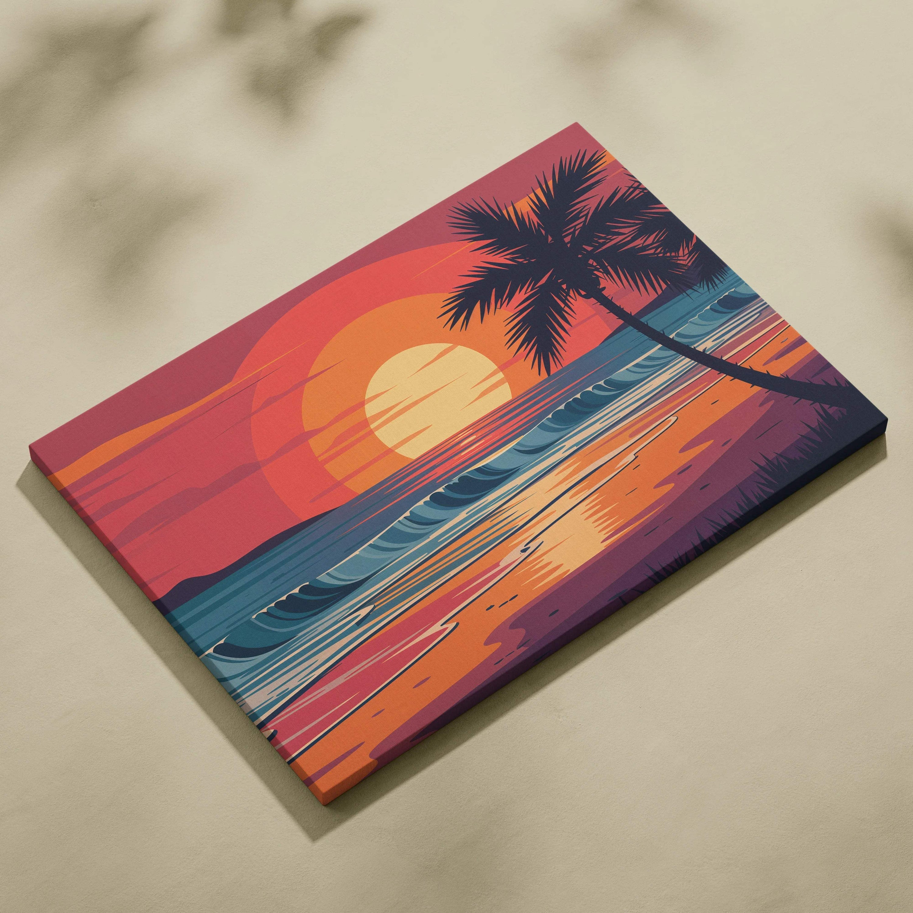 Vibrant retro tropical sunset beach canvas wall art with silhouetted palm tree