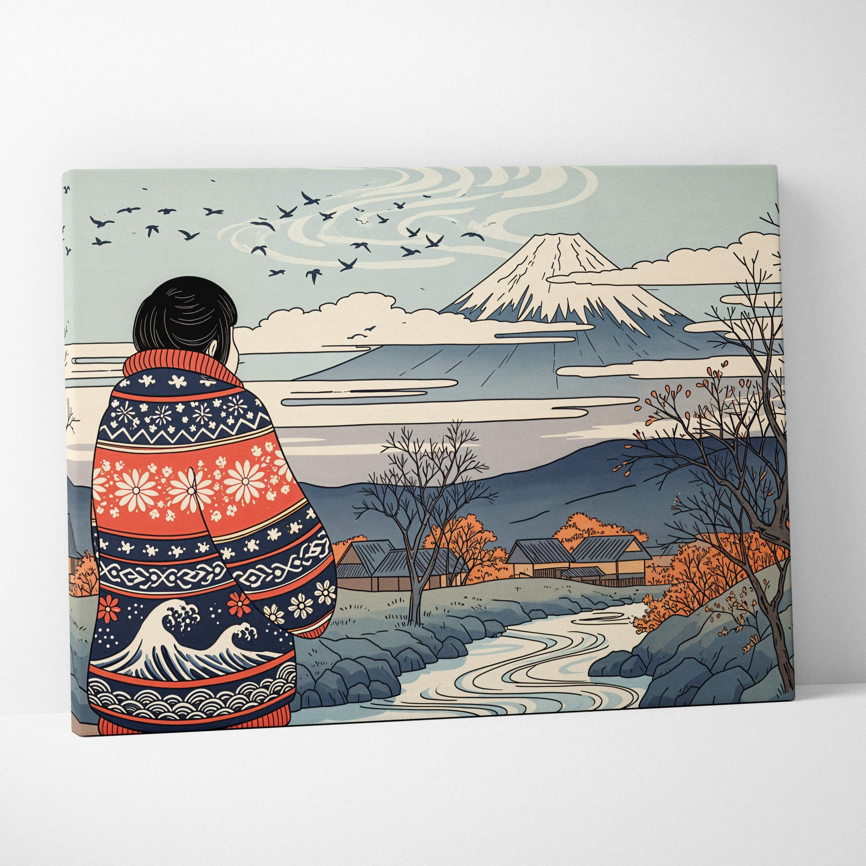 Canvas print of figure in patterned sweater by river under Mount Fuji with birds