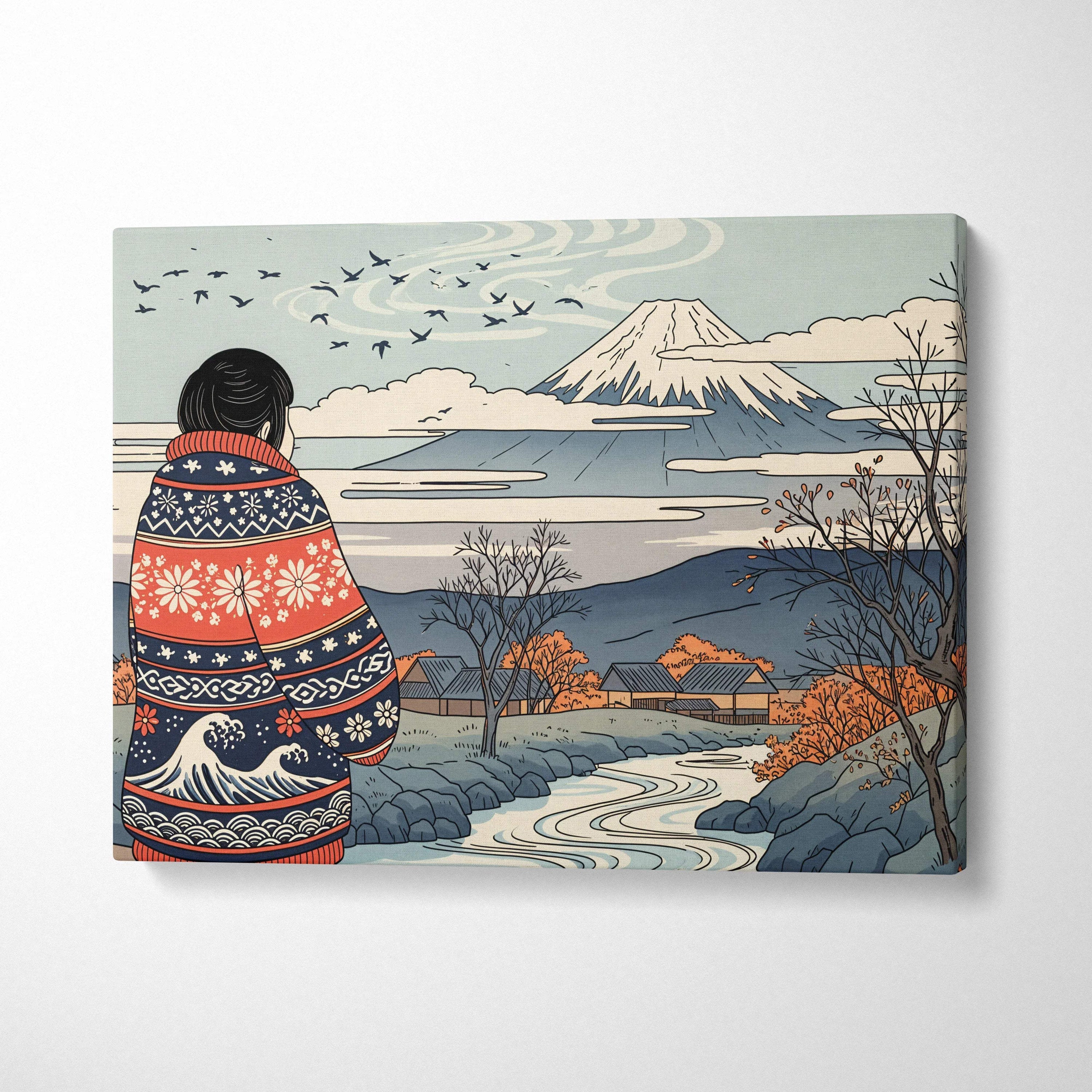 Wrapped in patterned warmth: figure by river under Mount Fuji canvas art