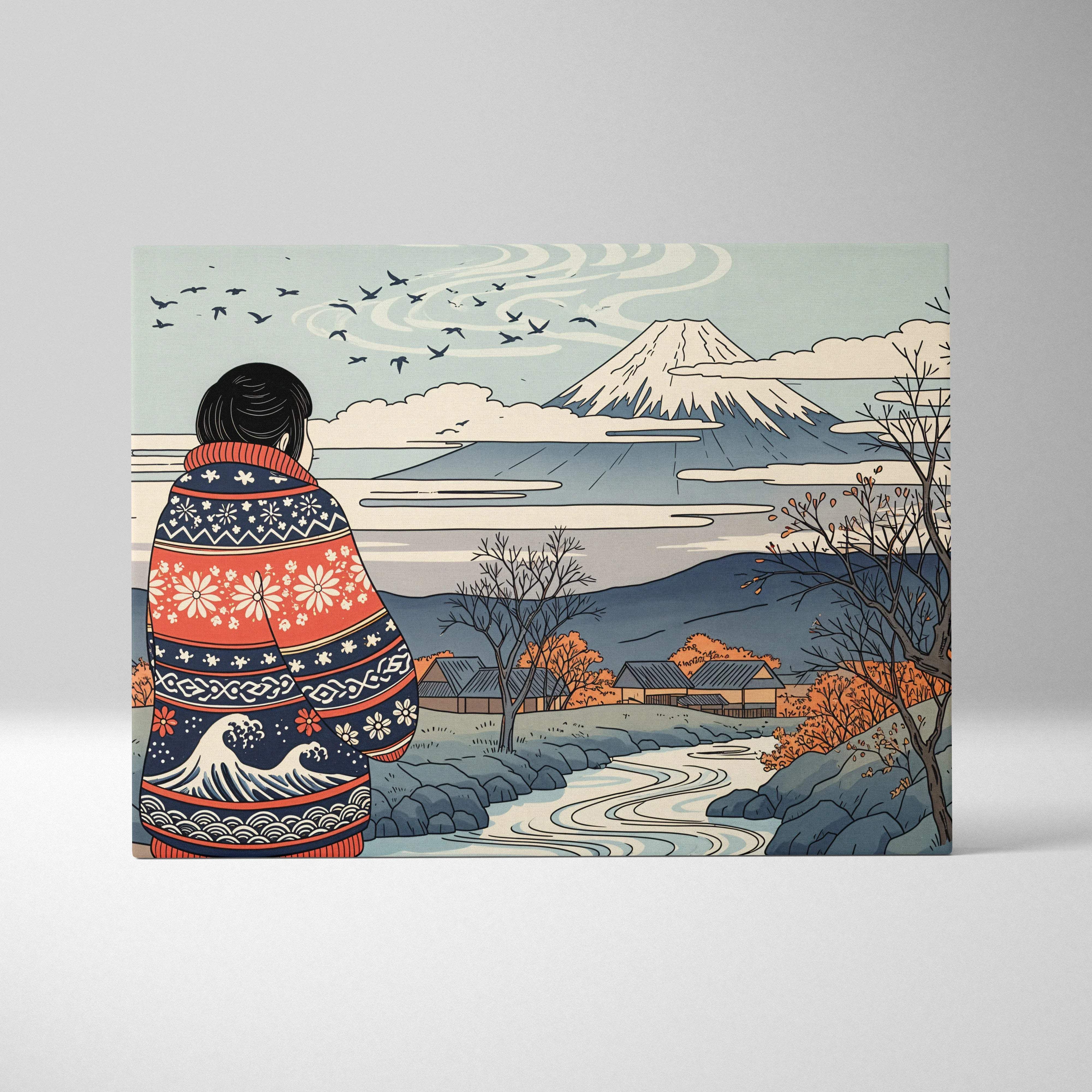 Wrapped in patterned warmth: figure by river under Mount Fuji canvas art