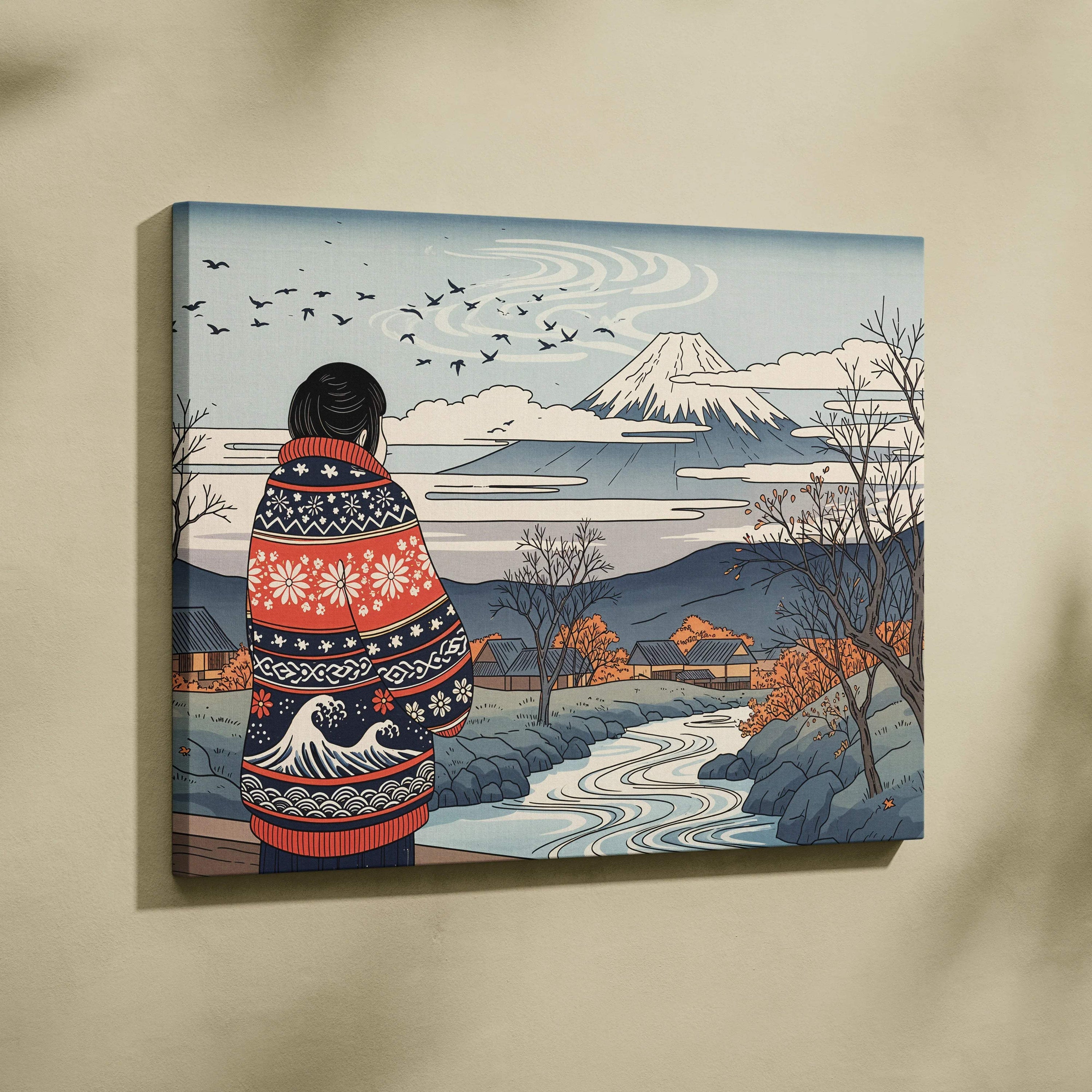 Wrapped in patterned warmth solitary figure by Mount Fuji autumn hush canvas art