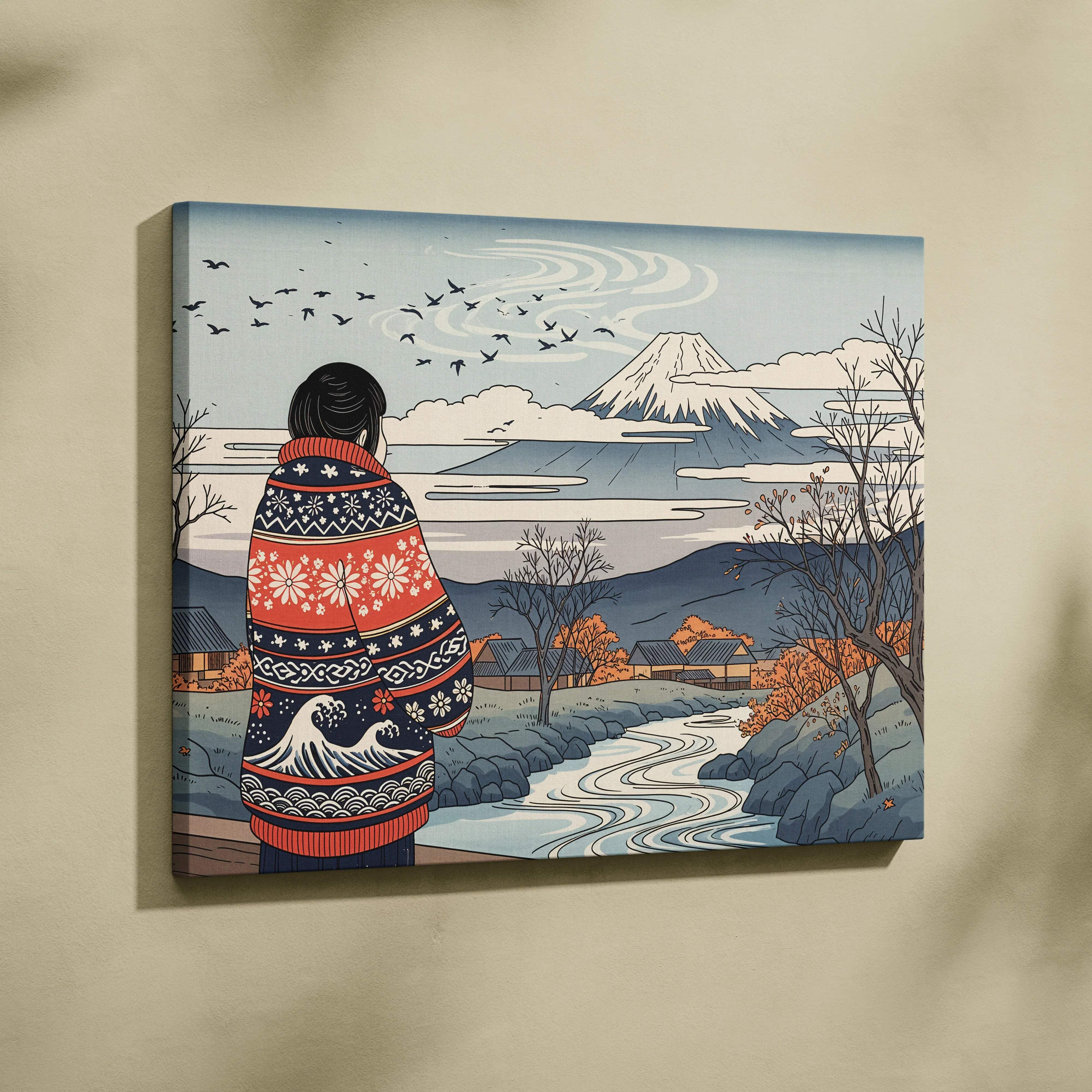 Wrapped in patterned warmth solitary figure by Mount Fuji autumn hush canvas art