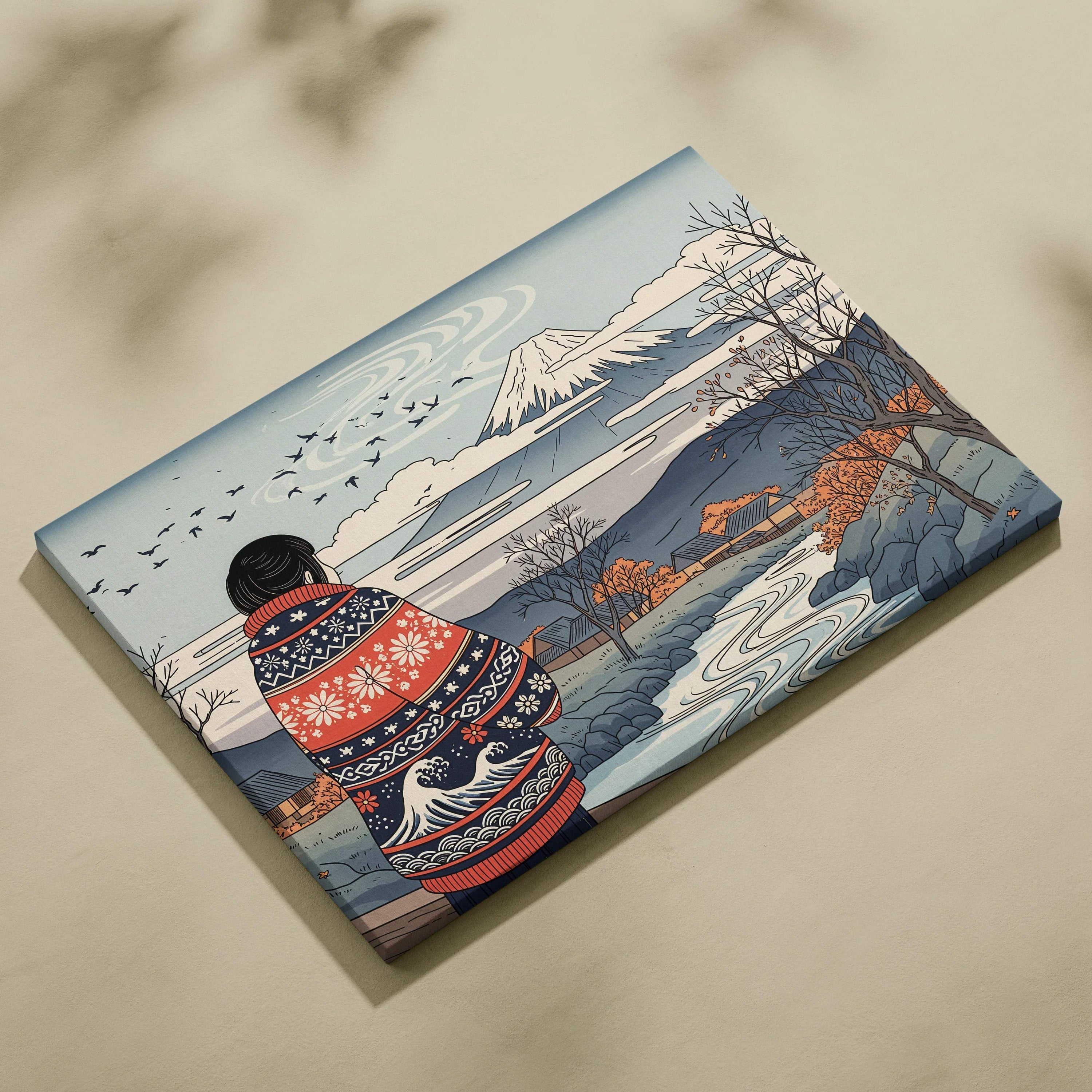 Wrapped in patterned warmth solitary figure by Mount Fuji autumn canvas art