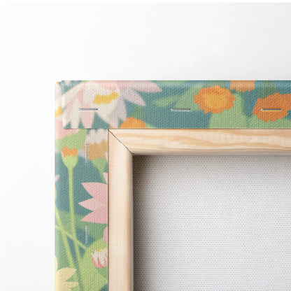 Pastel floral tapestry dreamscape canvas wall art with vibrant pink orange green blossoms