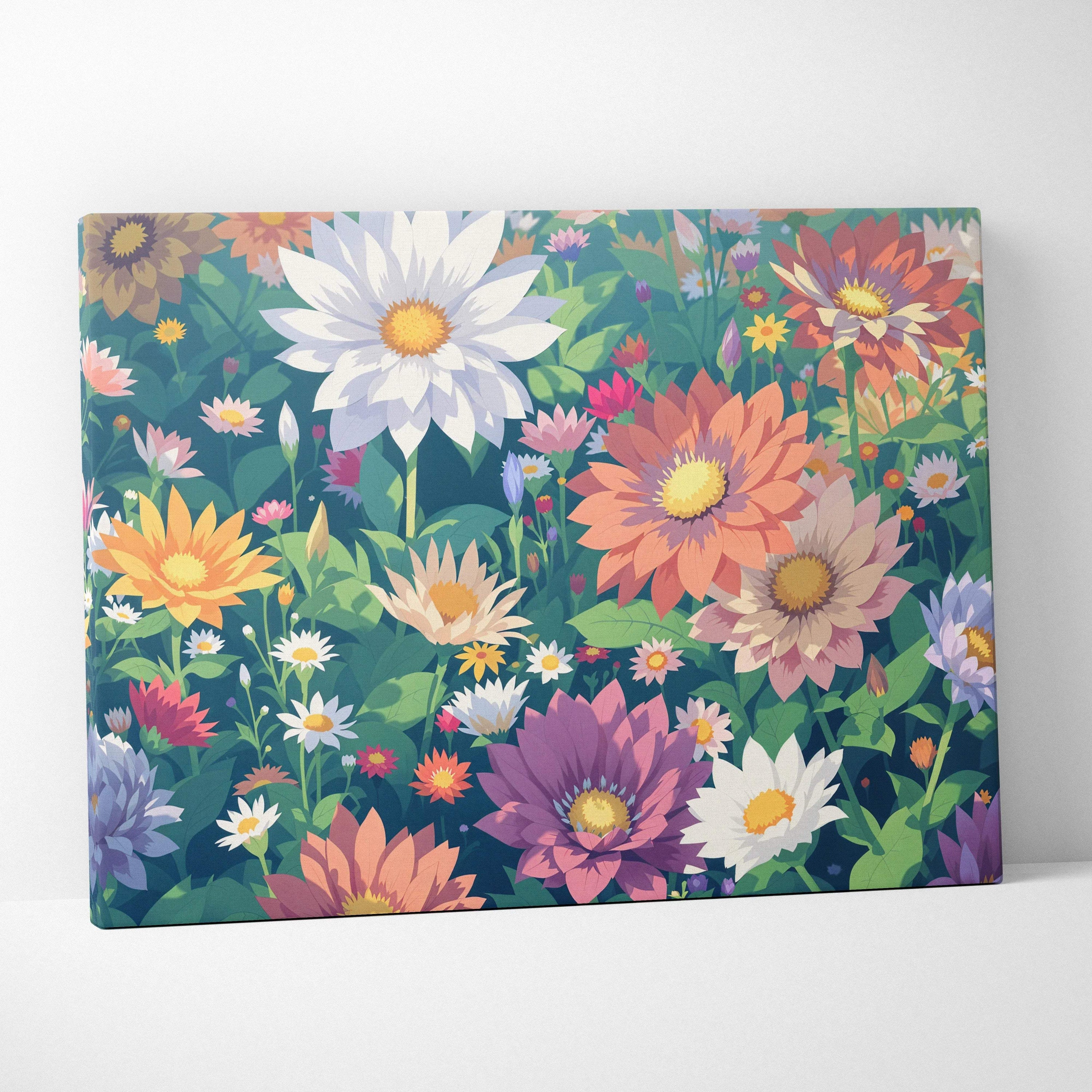 Pastel floral tapestry dreamscape canvas wall art with layered colorful blossoms