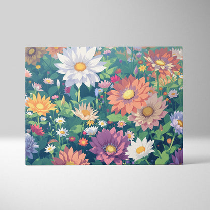 Pastel floral tapestry dreamscape canvas wall art with layered daisies blossoms