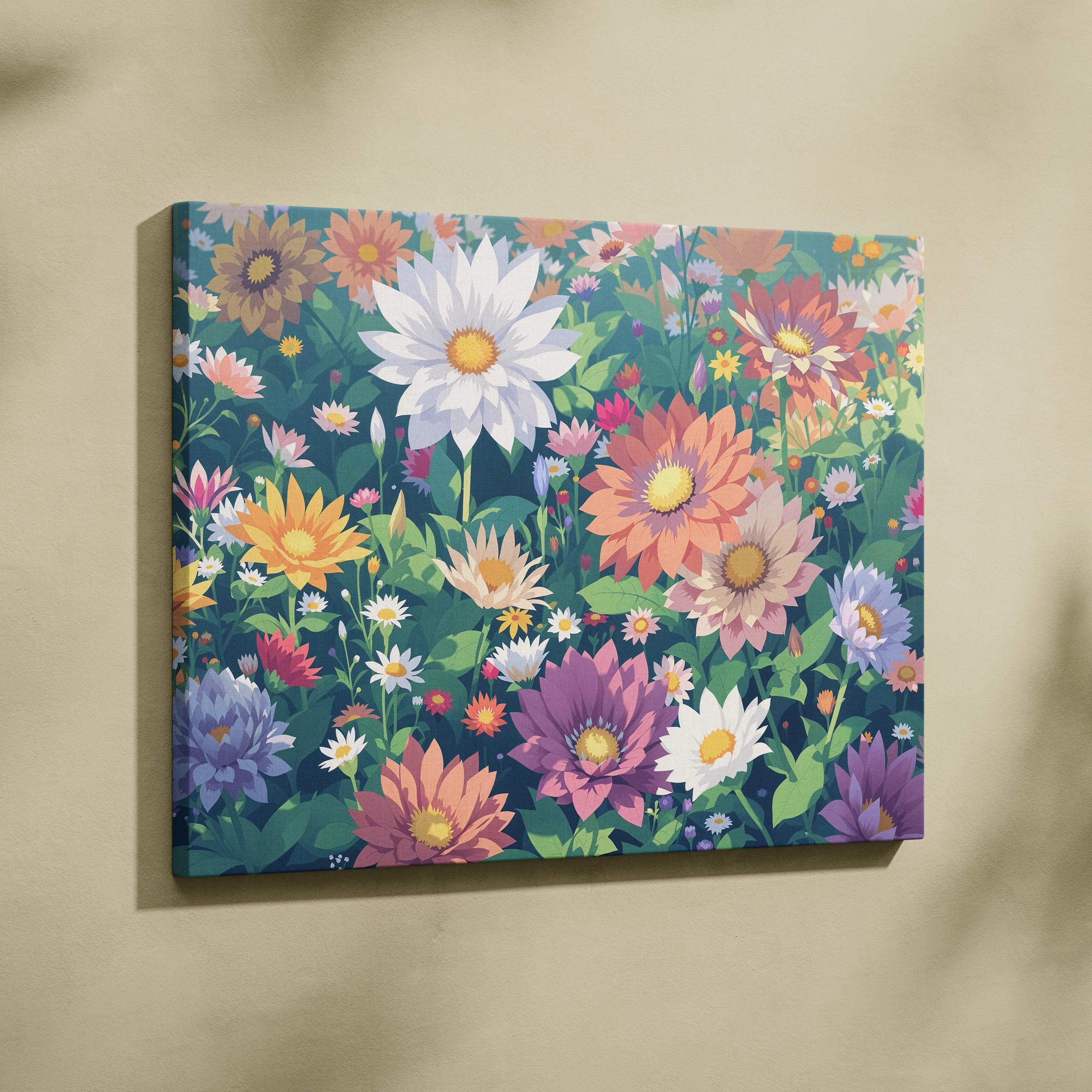 Pastel floral tapestry dreamscape canvas wall art with layered daisies and blossoms