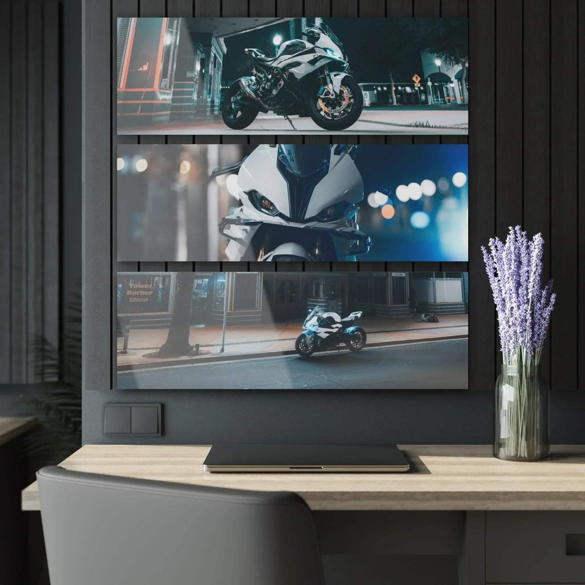 BMW S1000RR motorcycle triptych canvas wall art with night city street scenes and modern sleek design.