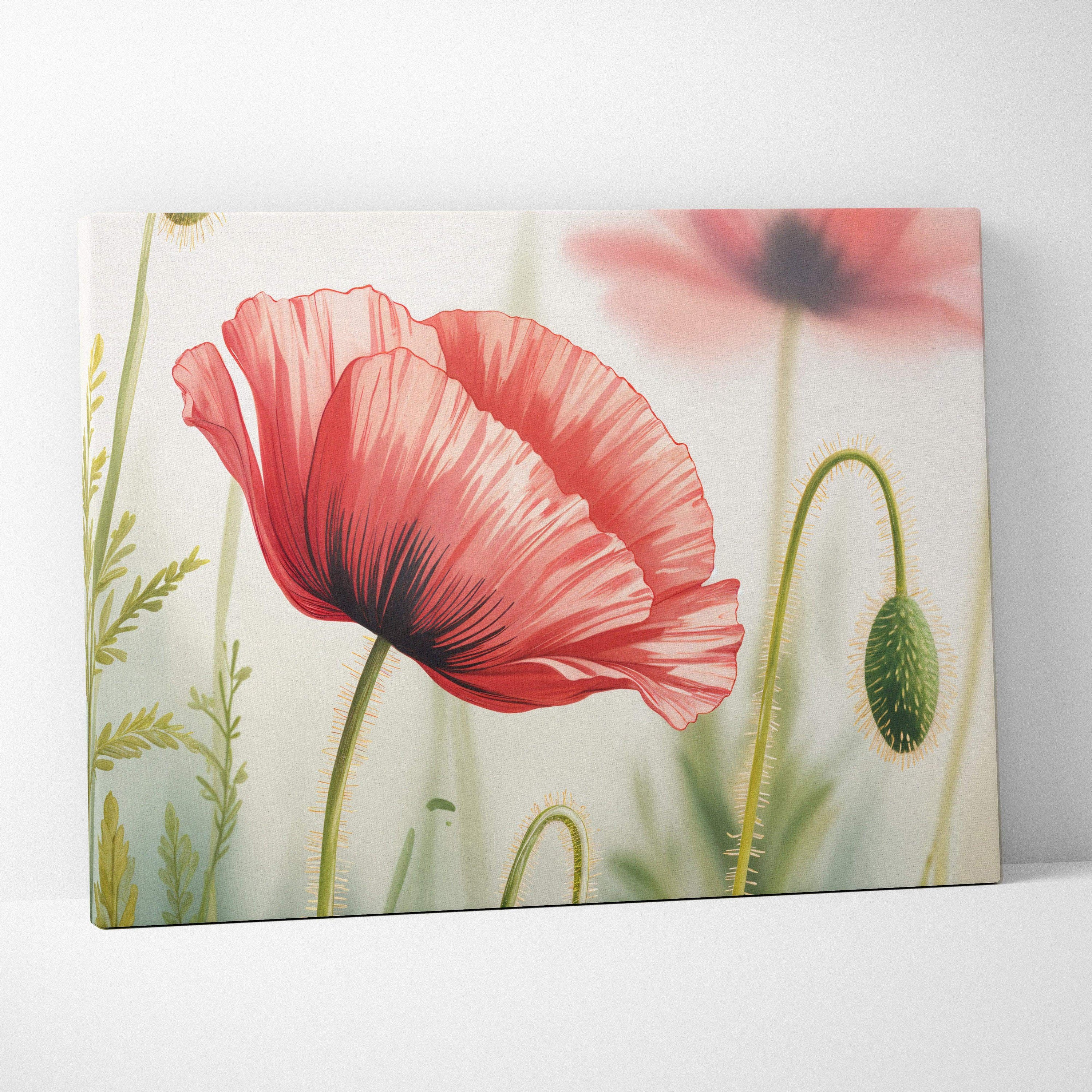Vibrant red poppy bloom in soft pink red on canvas wall art for modern decor