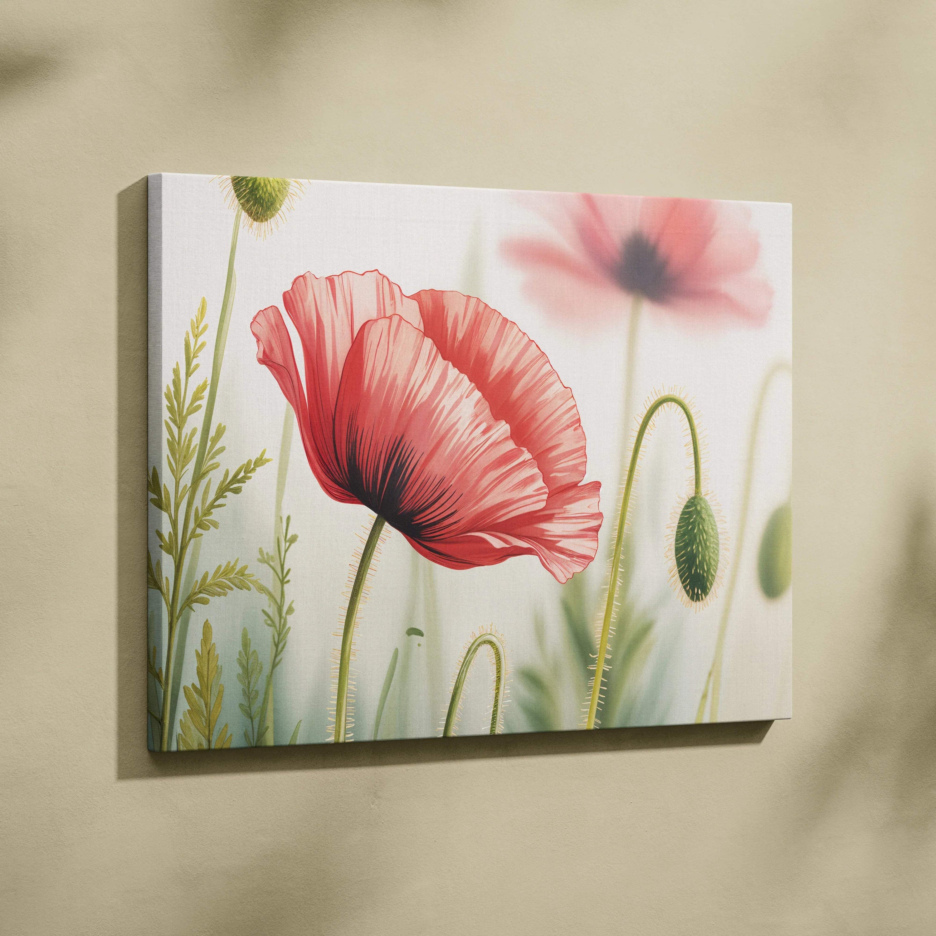 Vibrant red poppy bloom canvas wall art in soft watercolor style for modern decor