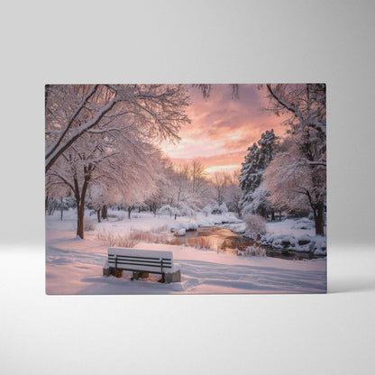Snowy park bench at dusk with sunset light over meandering stream