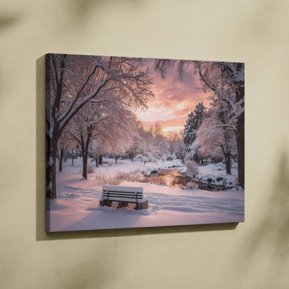 Snowy park bench at dusk with sunset light canvas print