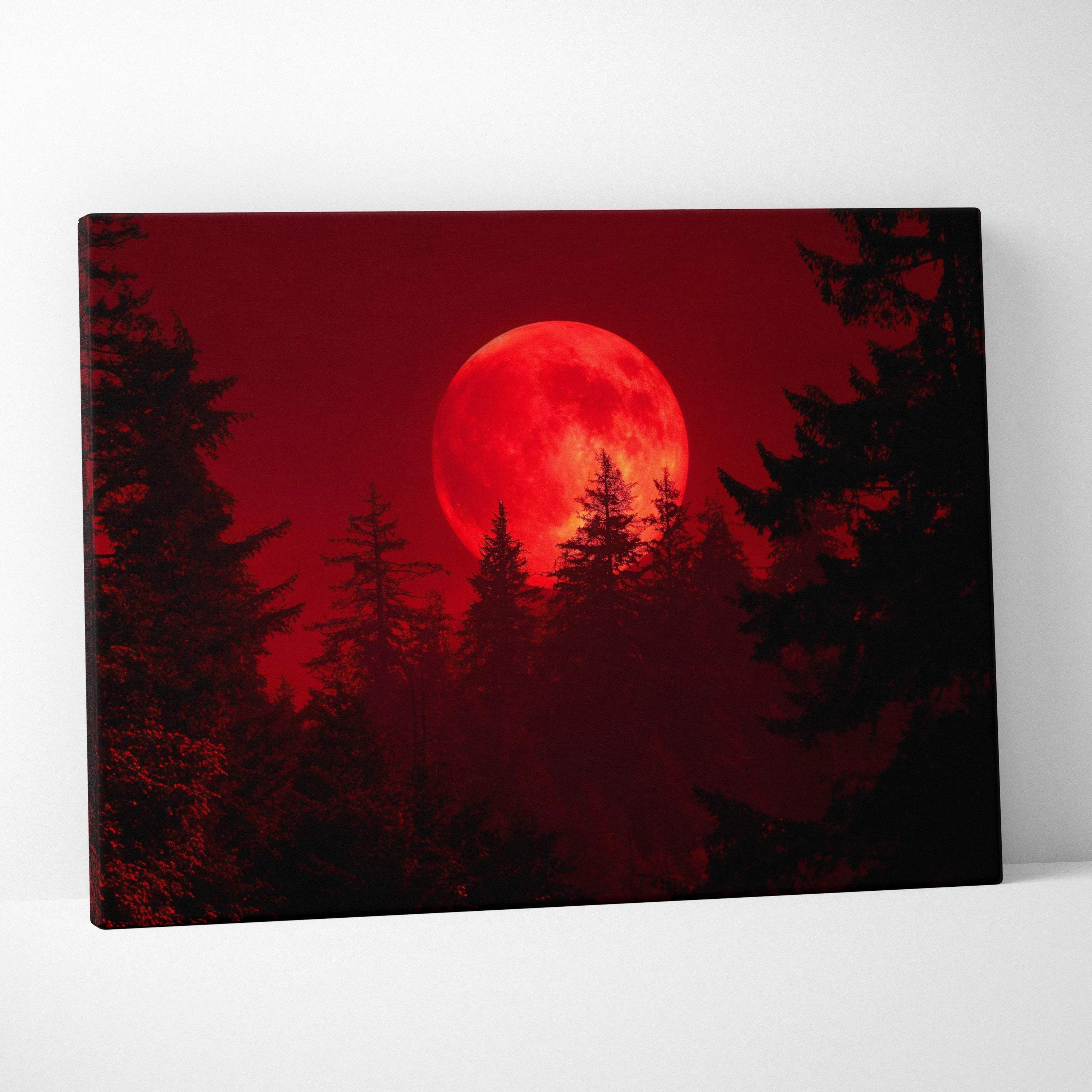 Blood red moon over shadowed forest canvas wall art with silhouetted pines