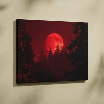 Blood red moon over shadowed forest canvas wall art with silhouetted pines