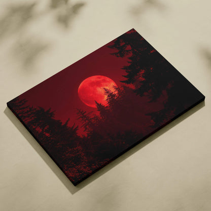 Blood red moon rising over silhouetted pines in crimson sky canvas print