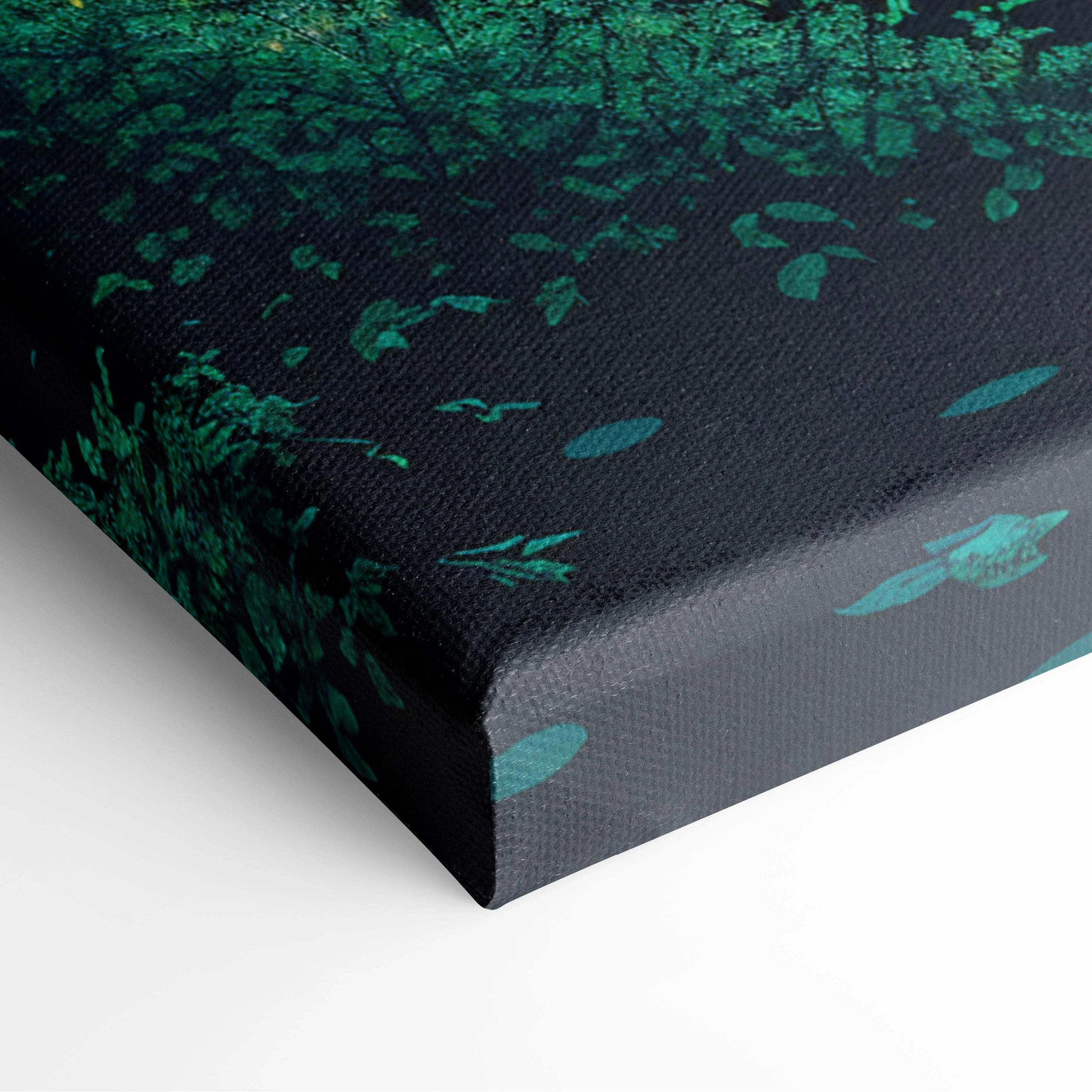Mirrored forest canvas wall art with emerald green leaves, crimson realms, river on black background