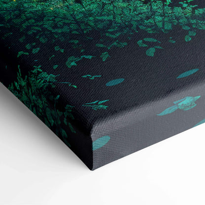 Mirrored forest canvas wall art with emerald green leaves, crimson realms, river on black background