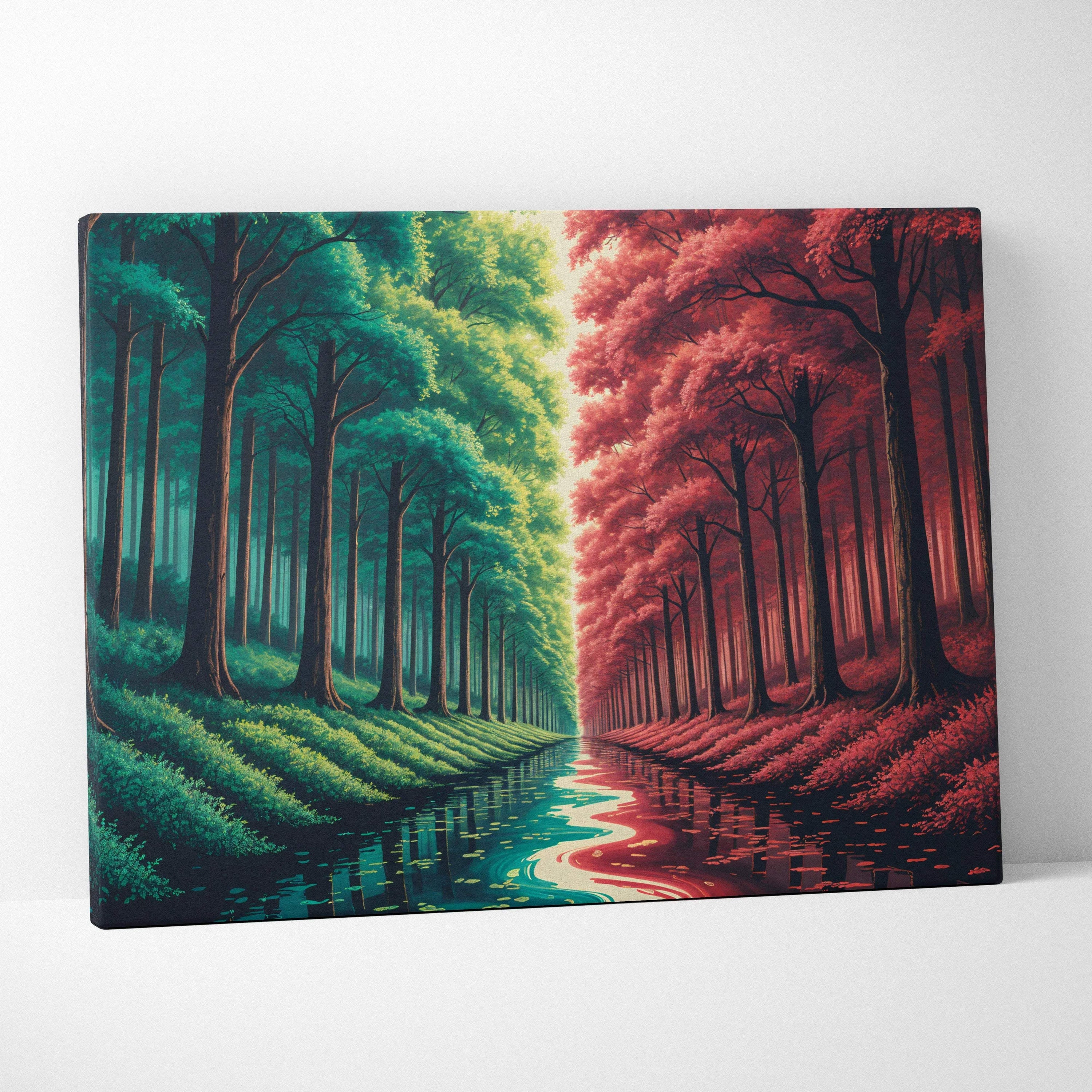 Mirrored forest canvas art with green crimson realms and winding river