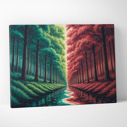 Mirrored forest canvas art with green crimson realms and winding river